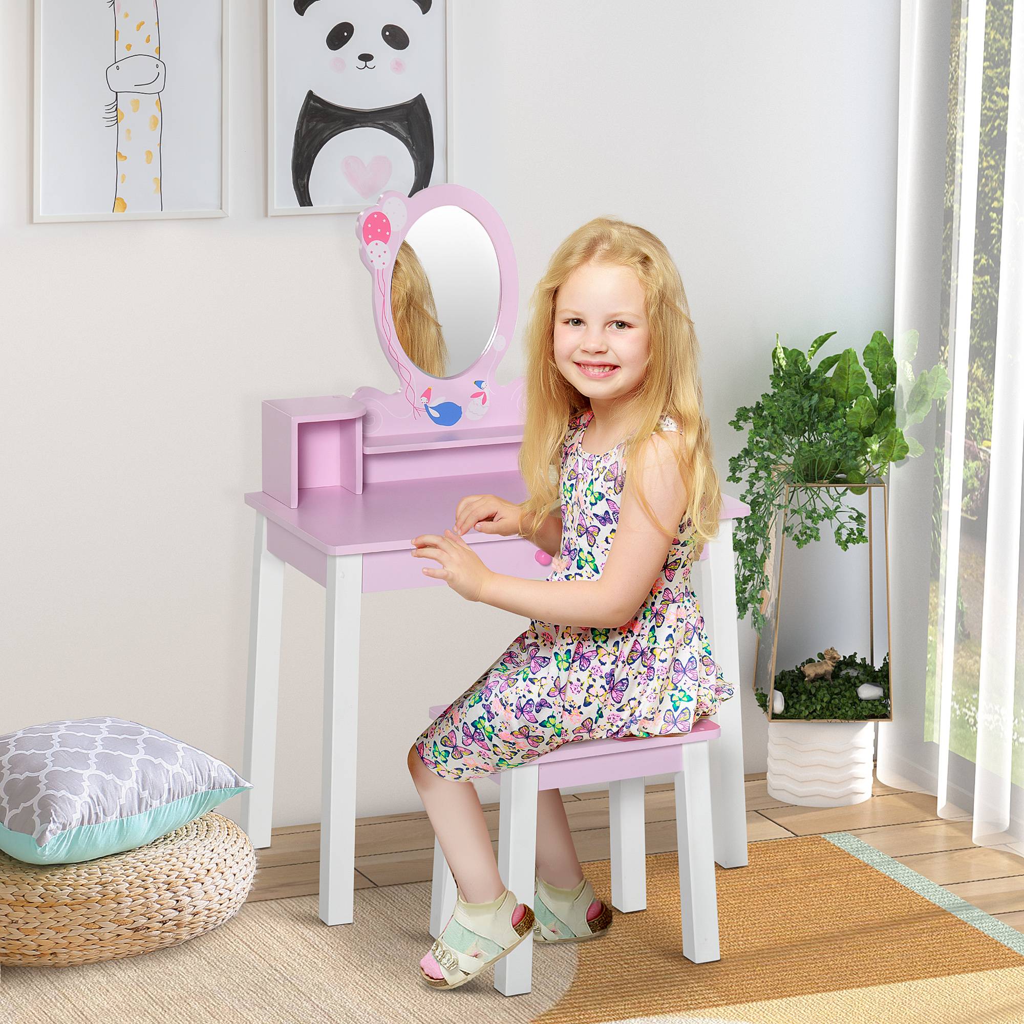 Sans Marque - Coiffeuse en bois pour filles à partir de 3 ans, ensemble de maquillage avec miroir et tabouret, rose - Image 2