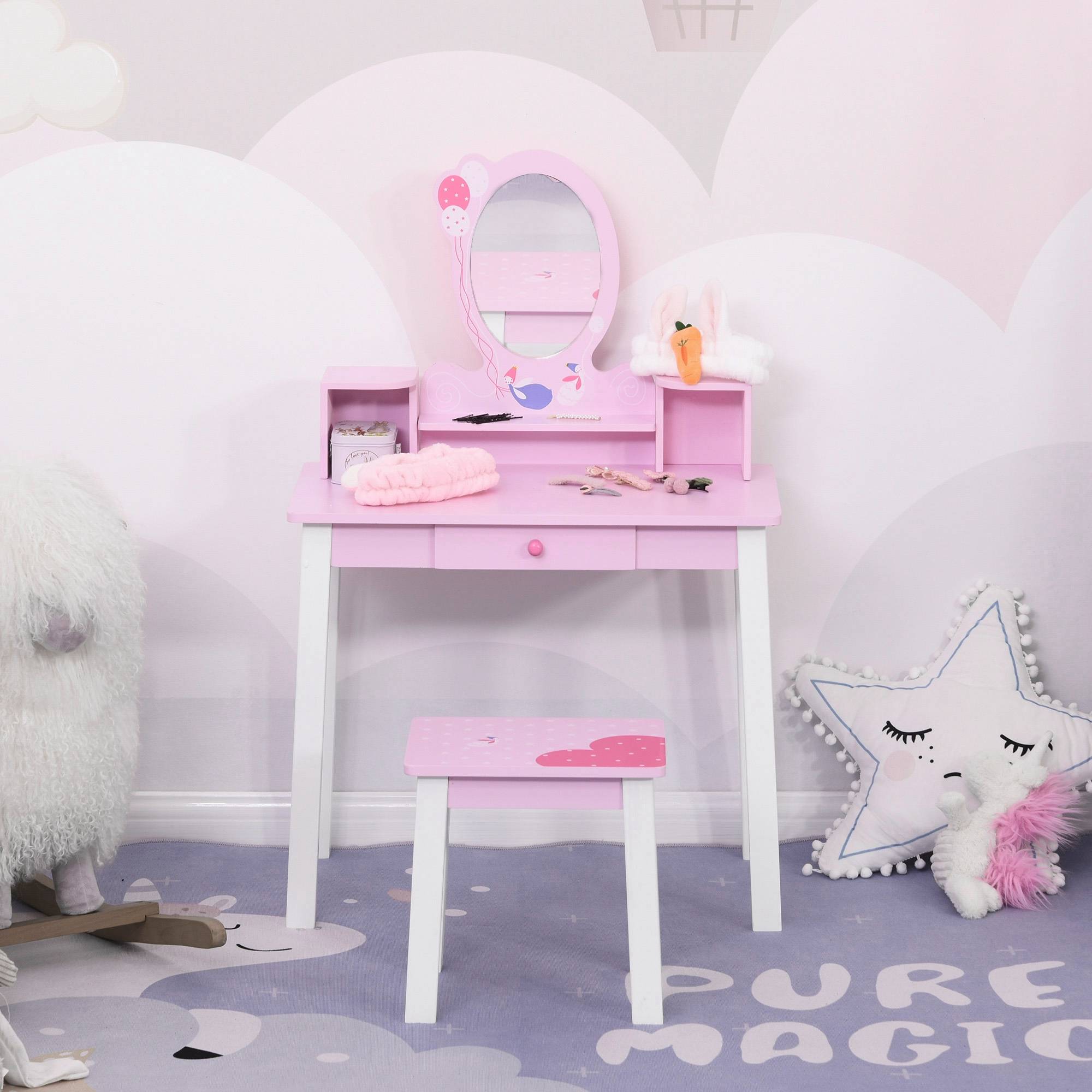 Sans Marque - Coiffeuse en bois pour filles à partir de 3 ans, ensemble de maquillage avec miroir et tabouret, rose - Image 3