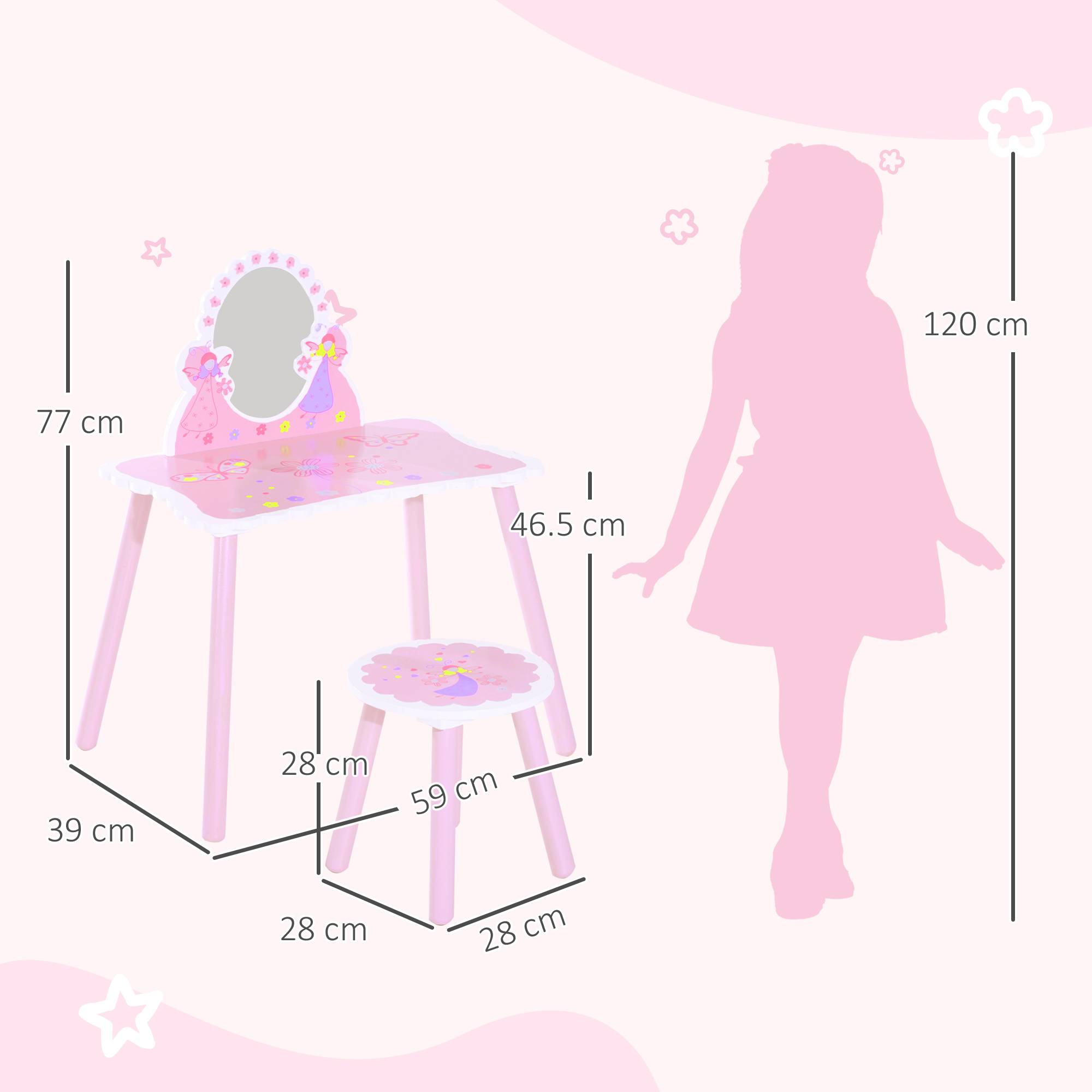 Sans Marque - Coiffeuse en bois pour filles à partir de 3 ans, ensemble de maquillage avec miroir et tabouret, rose - Image 4