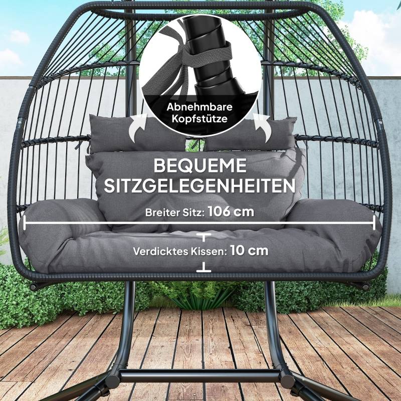 Fauteuil suspendu pliable avec structure pour 2 personnes en polyrotin pour balcon et terrasse gris foncé - Image 6