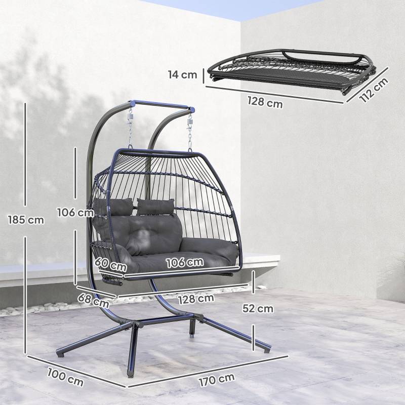 Fauteuil suspendu pliable avec structure pour 2 personnes en polyrotin pour balcon et terrasse gris foncé - Image 3