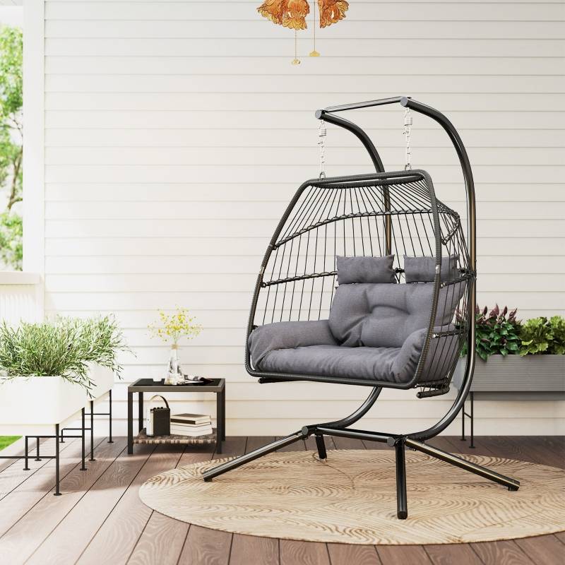 Fauteuil suspendu pliable avec structure pour 2 personnes en polyrotin pour balcon et terrasse gris foncé - Image 2