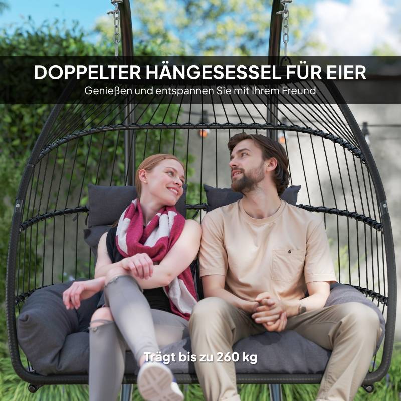 Fauteuil suspendu pliable avec structure pour 2 personnes en polyrotin pour balcon et terrasse gris foncé - Image 4