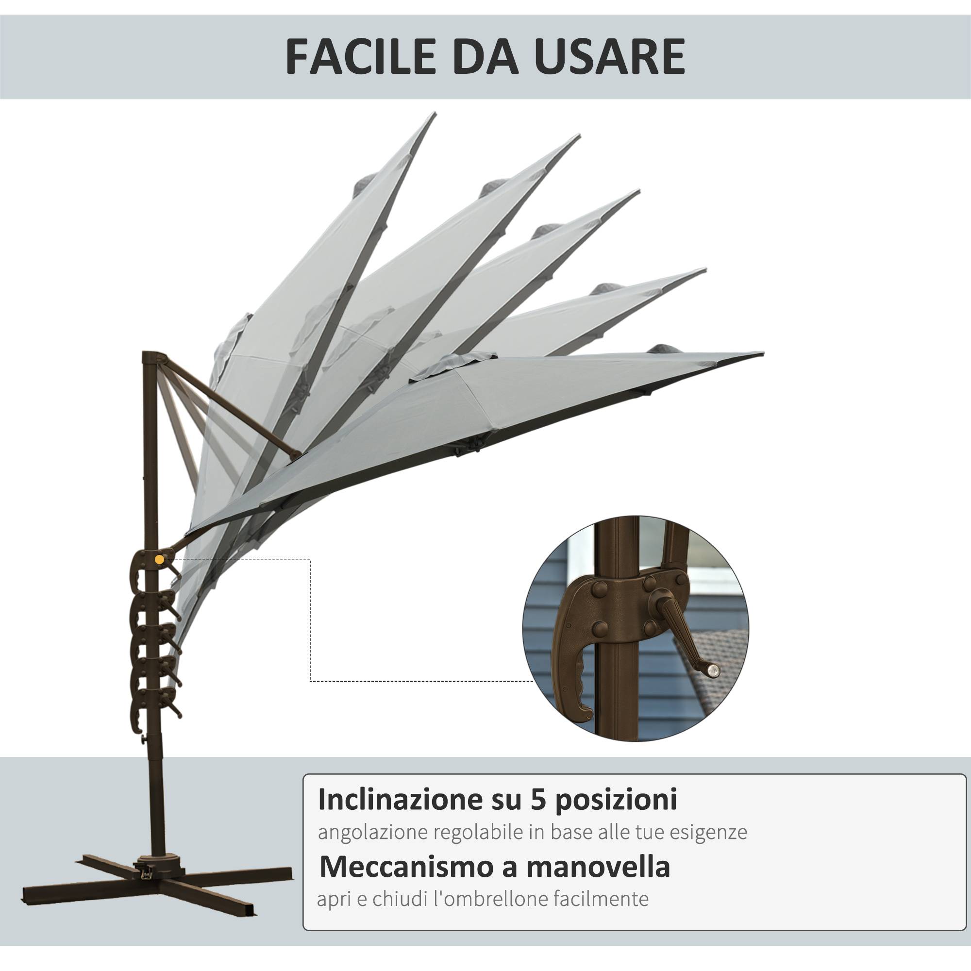 Parasol de jardin à manivelle et 8 baleines avec angle réglable, Ø2,95x2,5 m, gris - Image 6