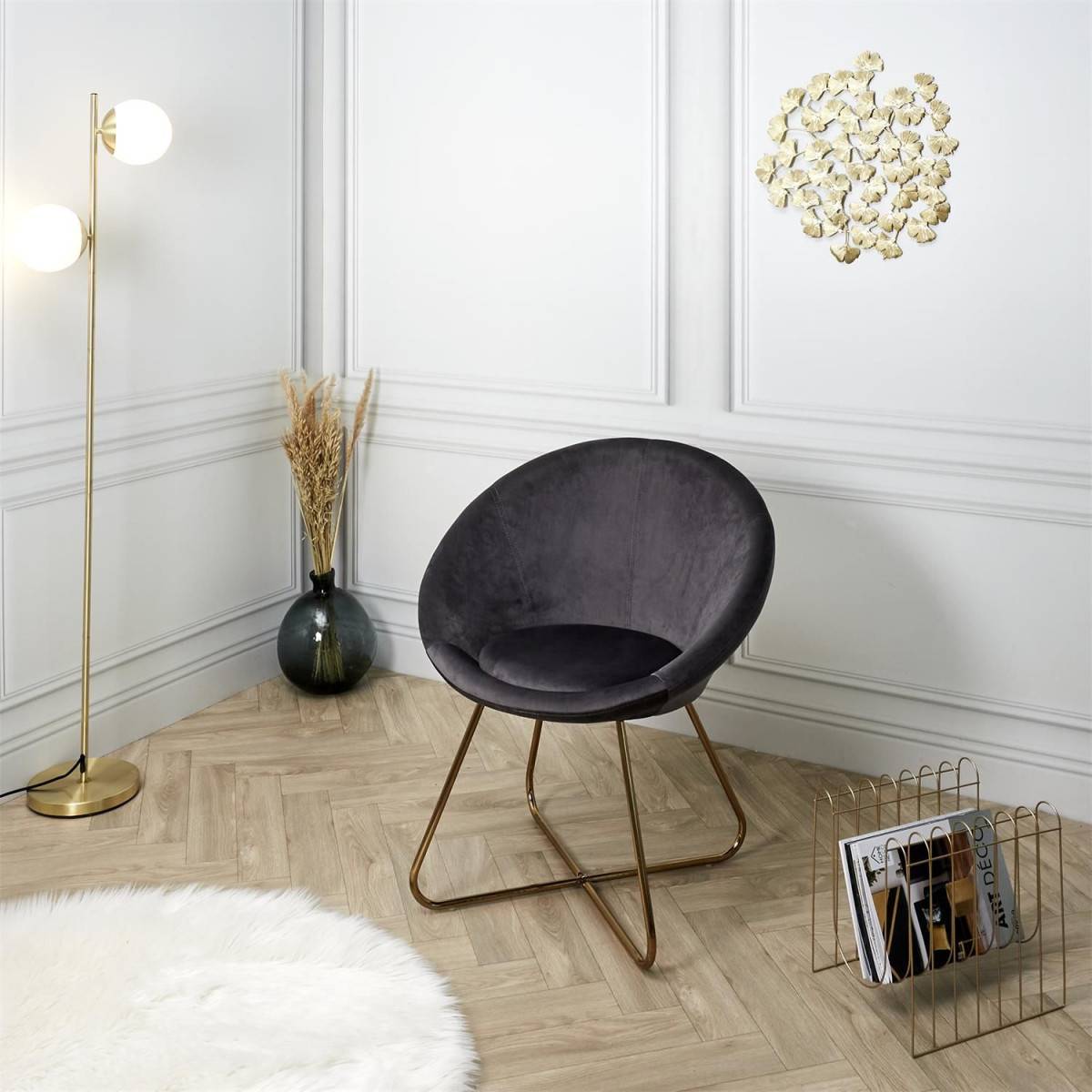 The Home Deco Factory - Fauteuil Design Velours "Karl" 83cm Gris - Image 7
