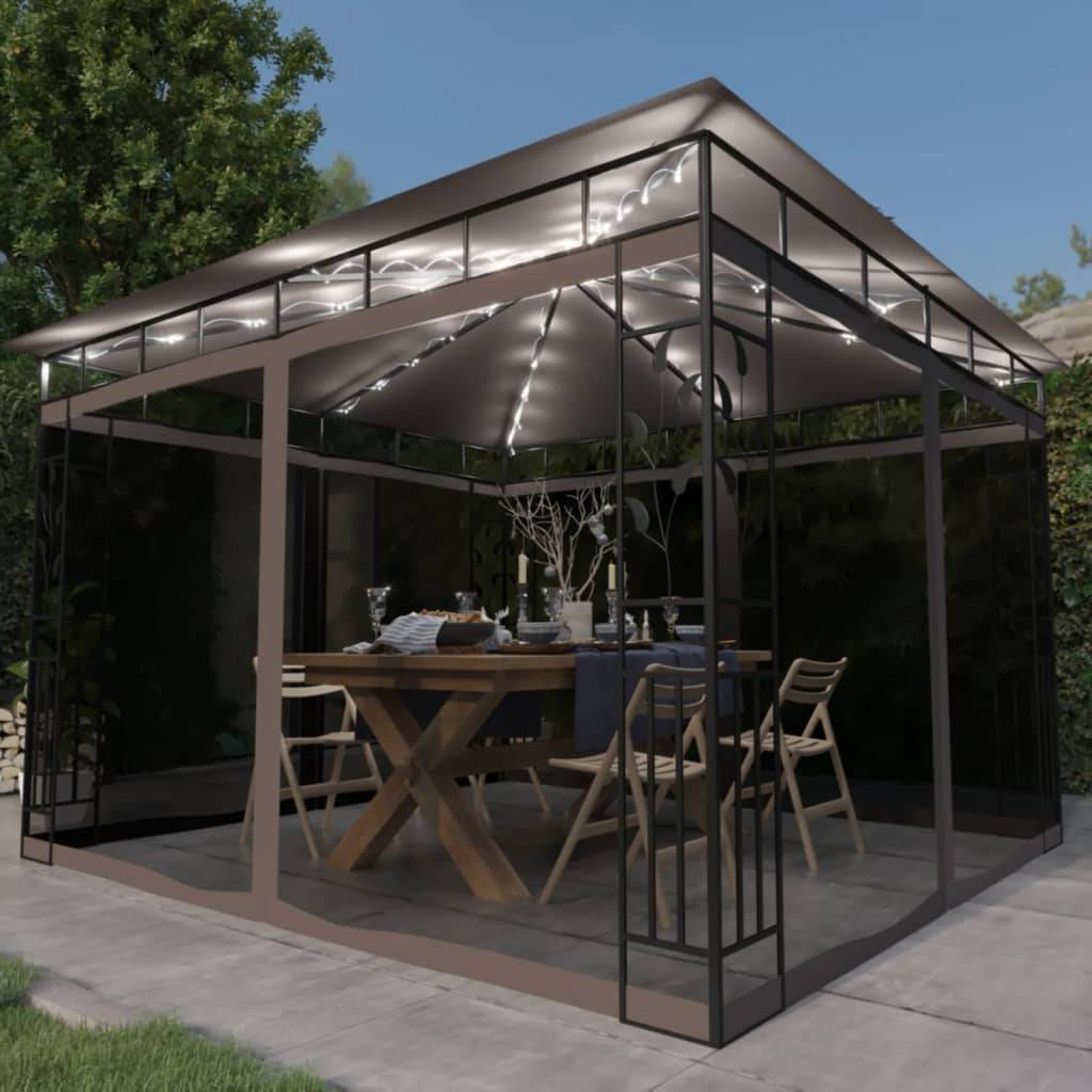 Tonnelle Aluminium Taupe avec Moustiquaire et LED 3 x 3 x 2.73 m - PANGIVO - Image 1