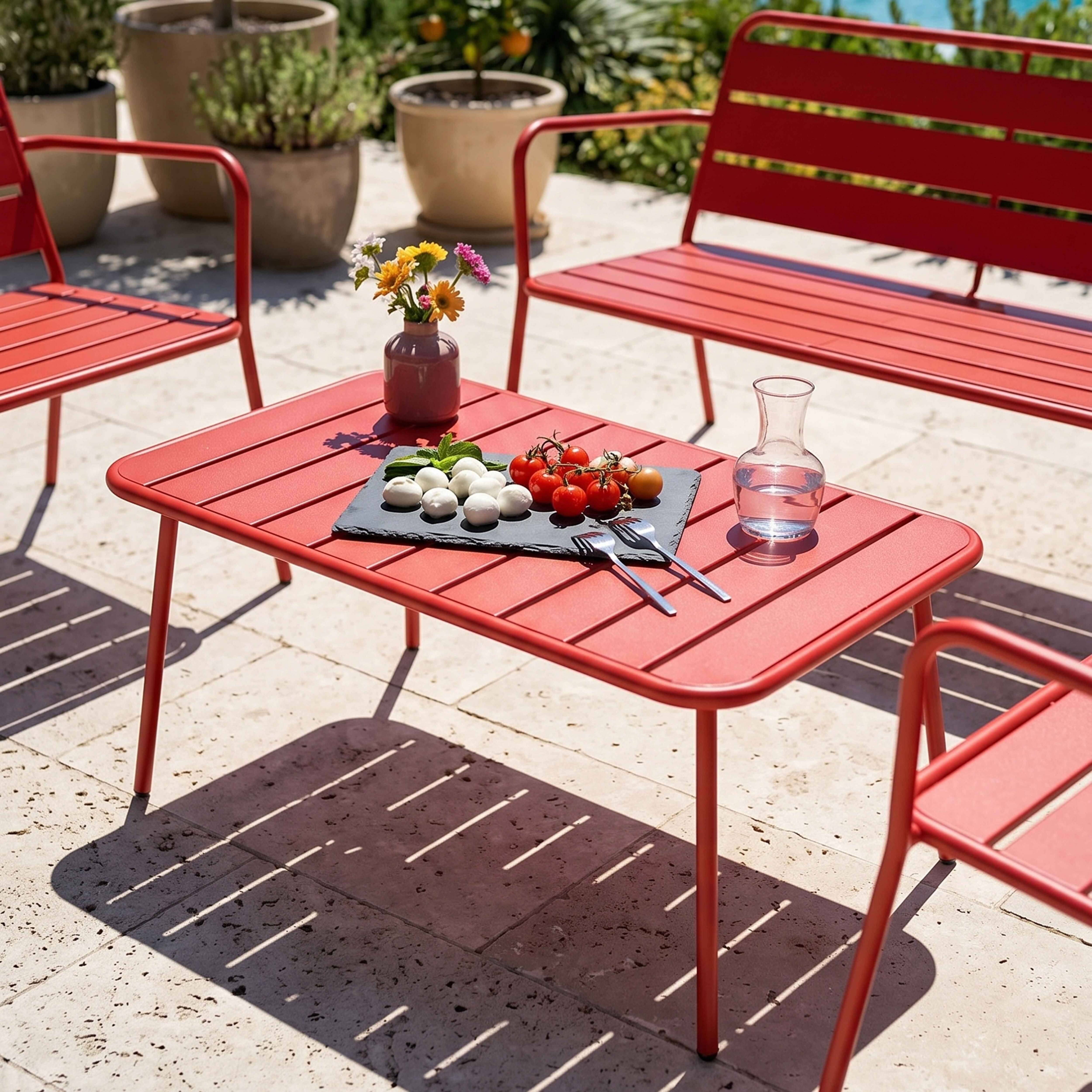 Oviala - Salon de jardin 4 places et 1 table basse en acier rouge Palavas - Oviala - Imagen 3