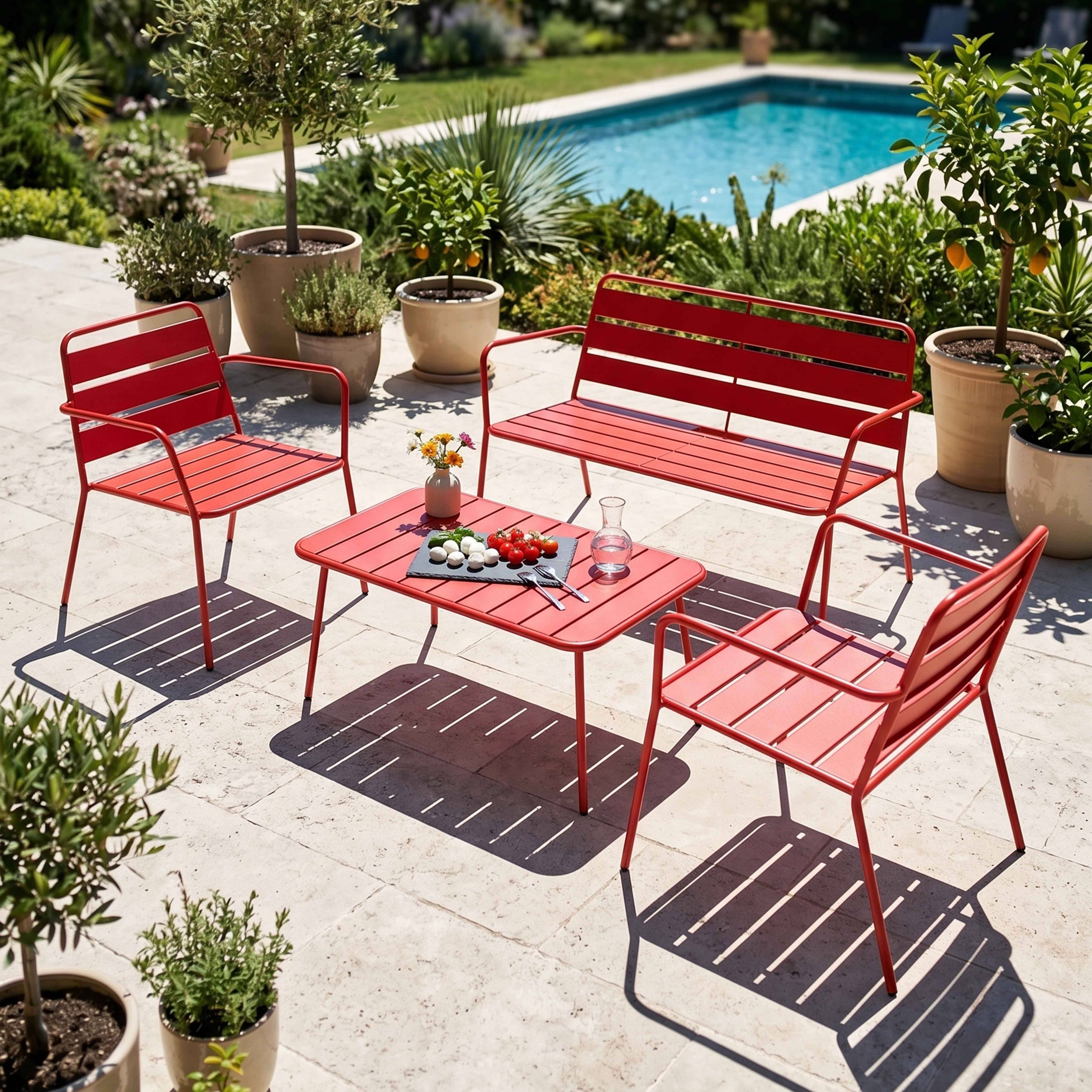 Oviala - Salon de jardin 4 places et 1 table basse en acier rouge Palavas - Oviala - Imagen 2