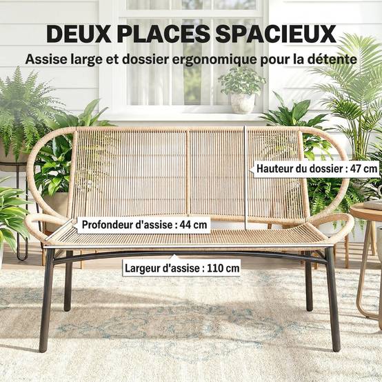 Banc de Jardin 2 Places Résine Tressée Terrasse Assise Confortable Bois Naturel - ComfortXL Outdoor Living - Image 8