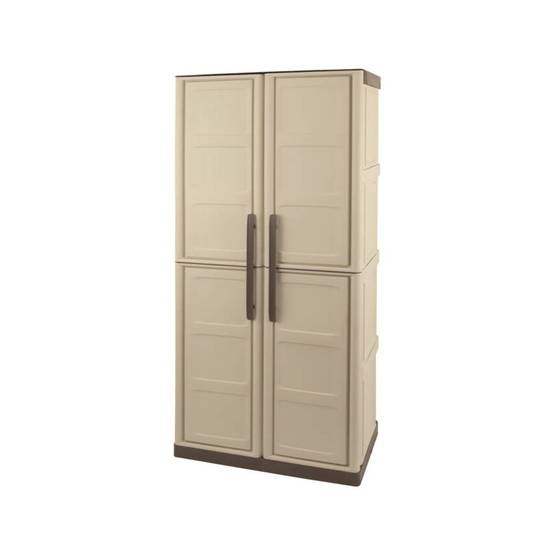 Dmora - Armoire d'extérieur Dbattistin, Armoire de balcon polyvalente, Armoire d'extérieur 2 portes, Beige et Marron, Finition Damier, 70x39h165 cm - Dmora - Image 1