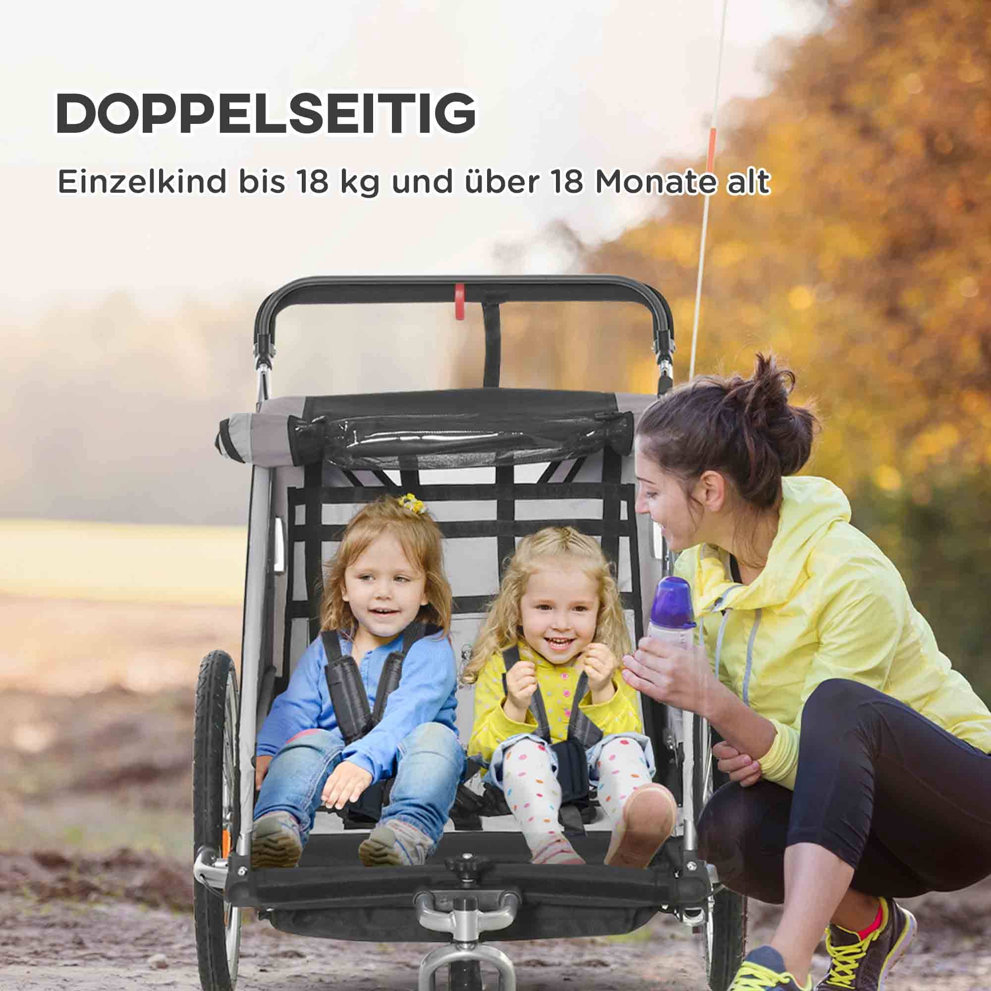 Remorque vélo enfant, poussette, freins, pliable, 2 enfants, gris/noir - Image 7
