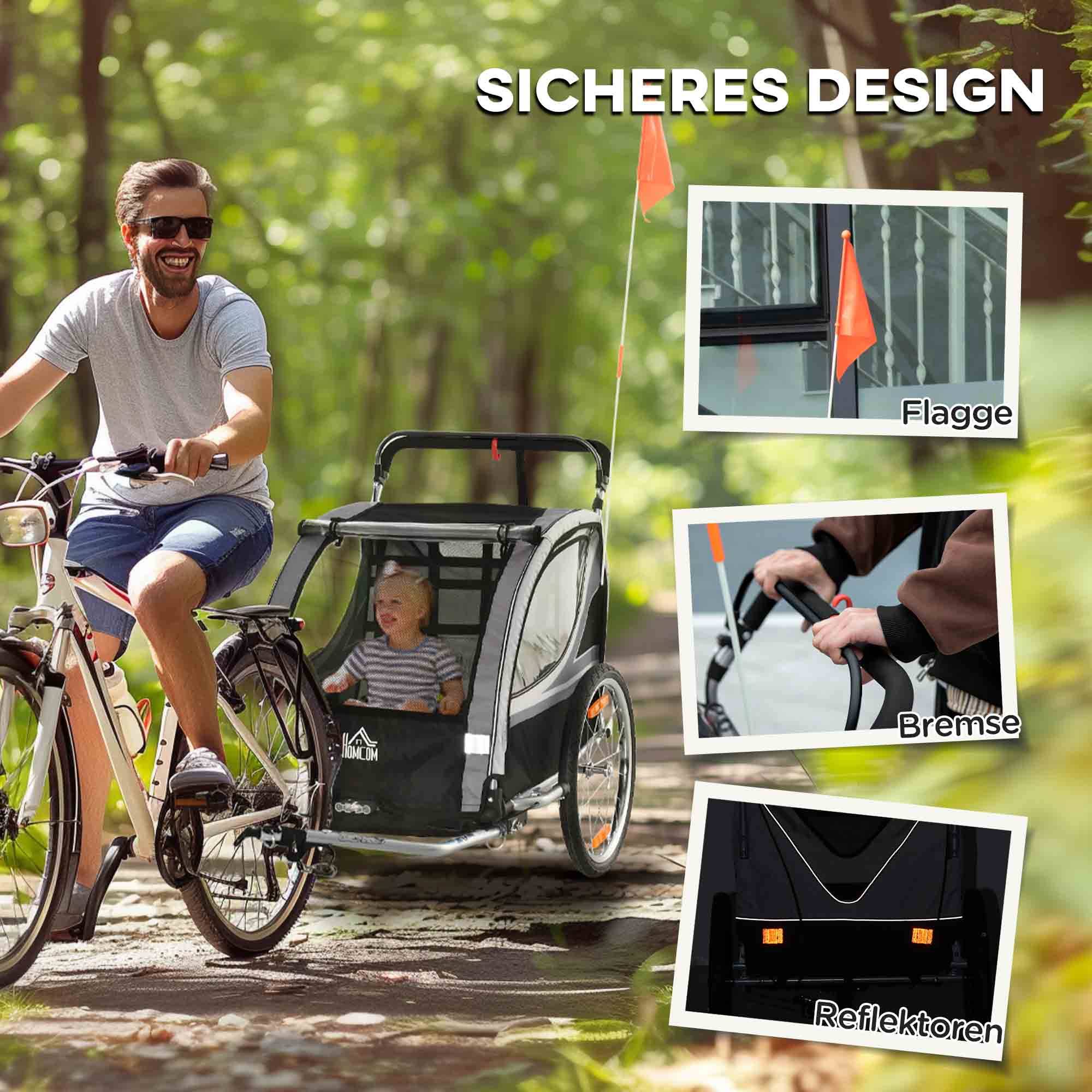 Remorque vélo enfant, poussette, freins, pliable, 2 enfants, gris/noir - Image 10