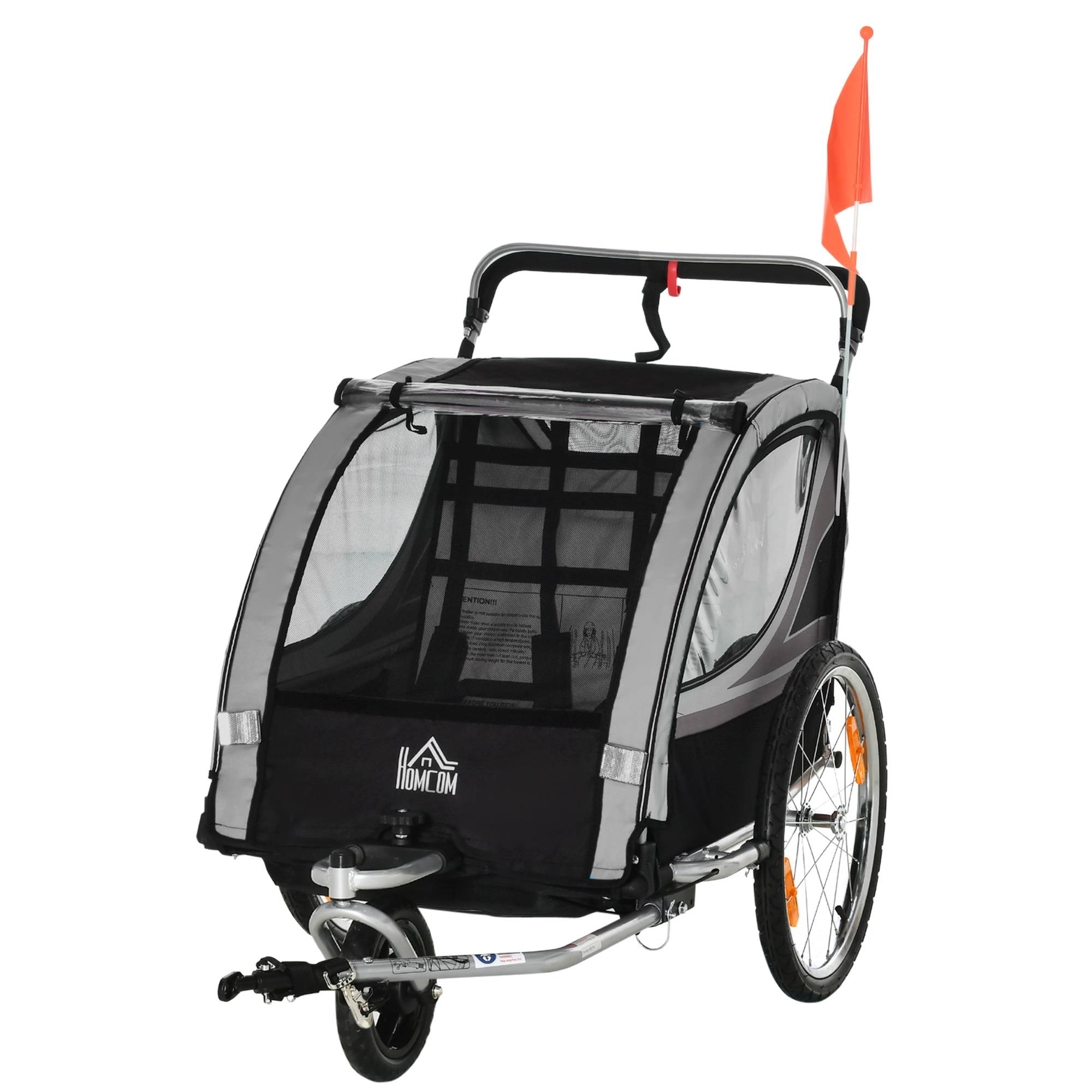 Remorque vélo enfant, poussette, freins, pliable, 2 enfants, gris/noir - Image 2