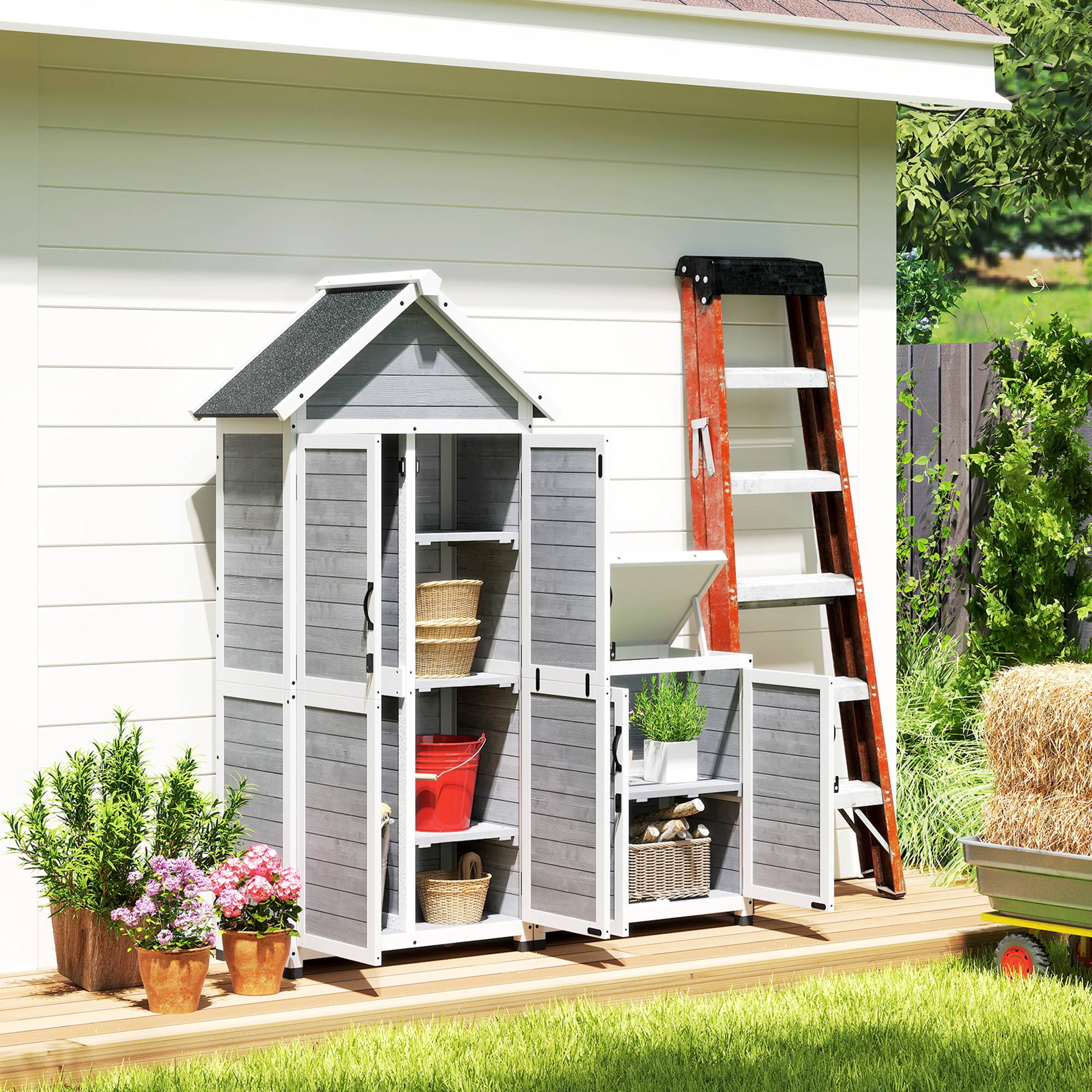 Abri de jardin avec armoire de rangement, étagères réglables, portes verrouillables, étanche, en épicéa, gris clair - Image 3