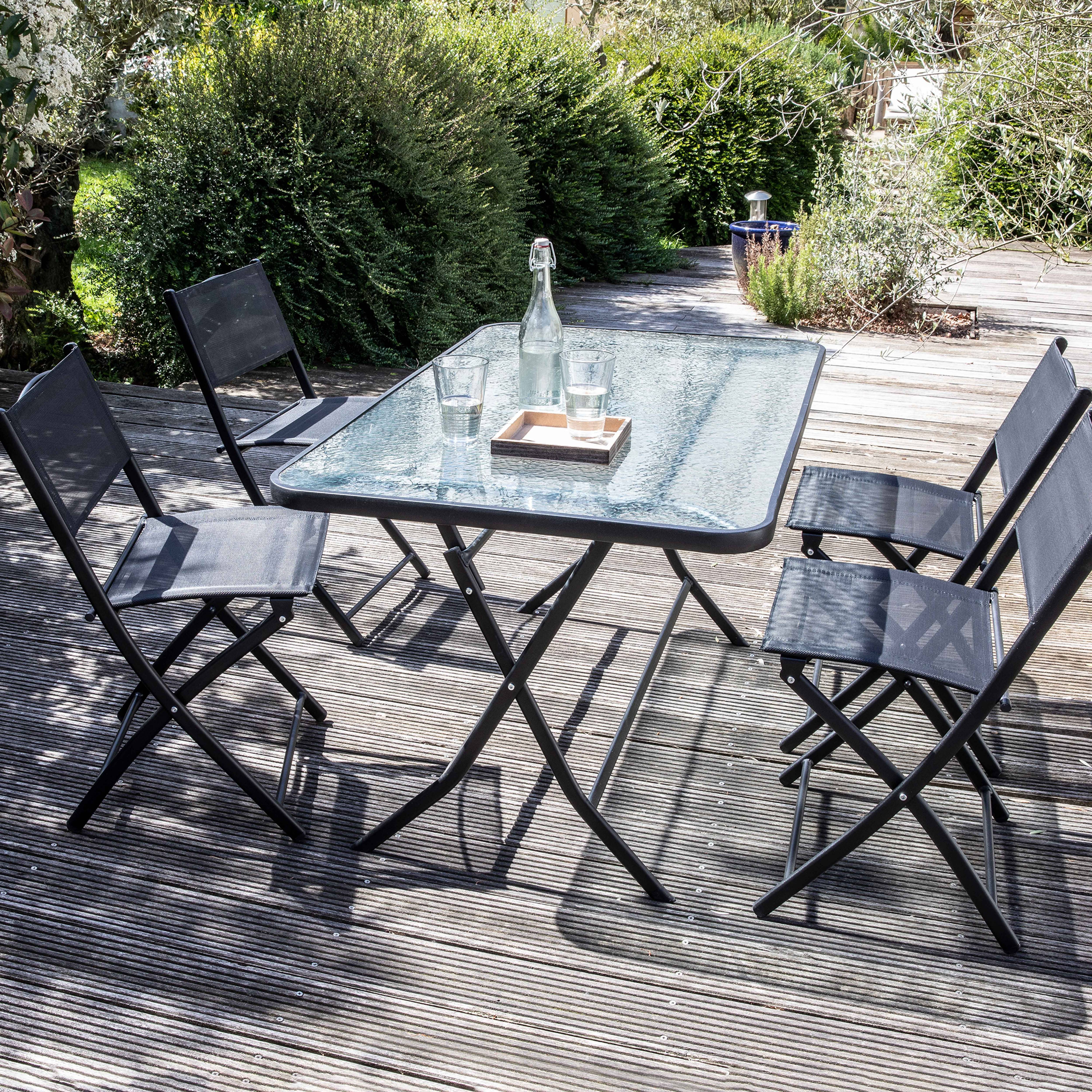 Oviala - Table de jardin et 4 chaises pliantes en acier et verre noir Calvi - Oviala - Imagen 2