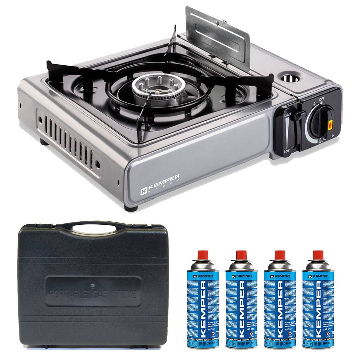 Réchaud à gaz 2200W INOX + 4 cartouches de gaz Double système de sécurité Puissance réglable KEMPER - Imagen 2