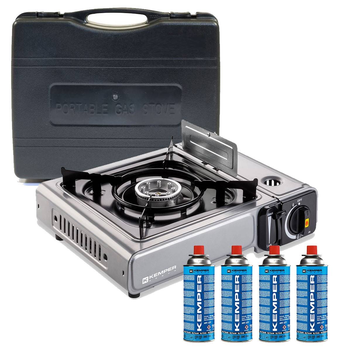 Réchaud à gaz 2200W INOX + 4 cartouches de gaz Double système de sécurité Puissance réglable KEMPER - Imagen 1