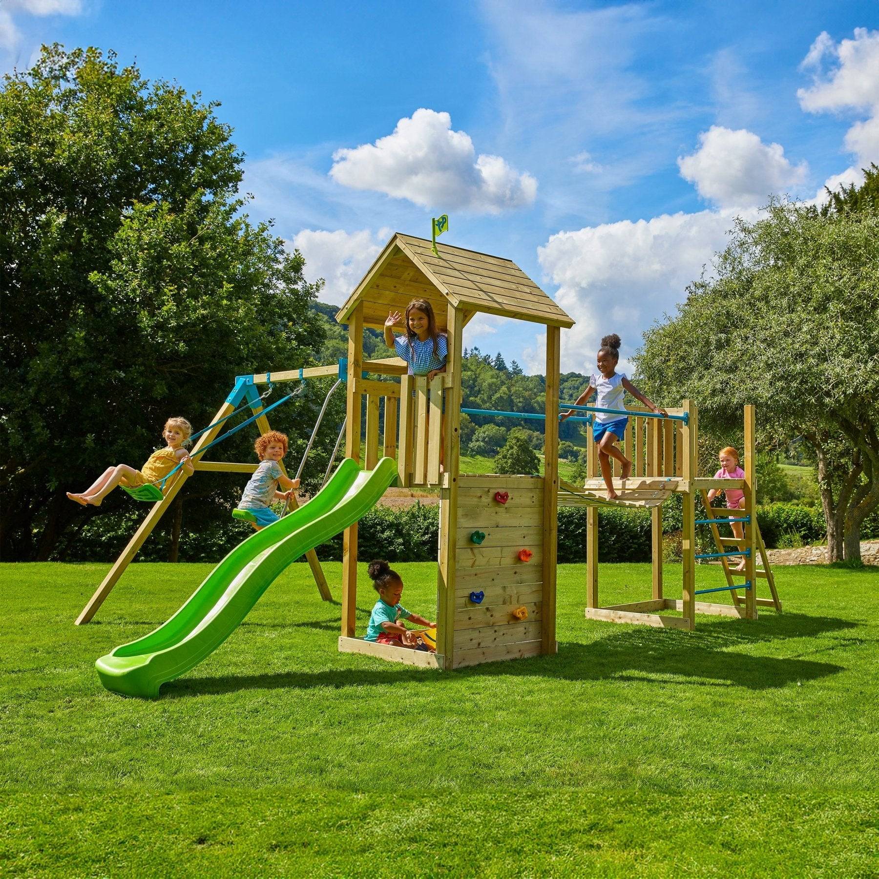 Tp Toys - AIre de jeux 2 balançoires, toboggan et pont suspendu - bois FSC® - H270 cm - BRUYÈRE SKYWOOD - Imagen 1