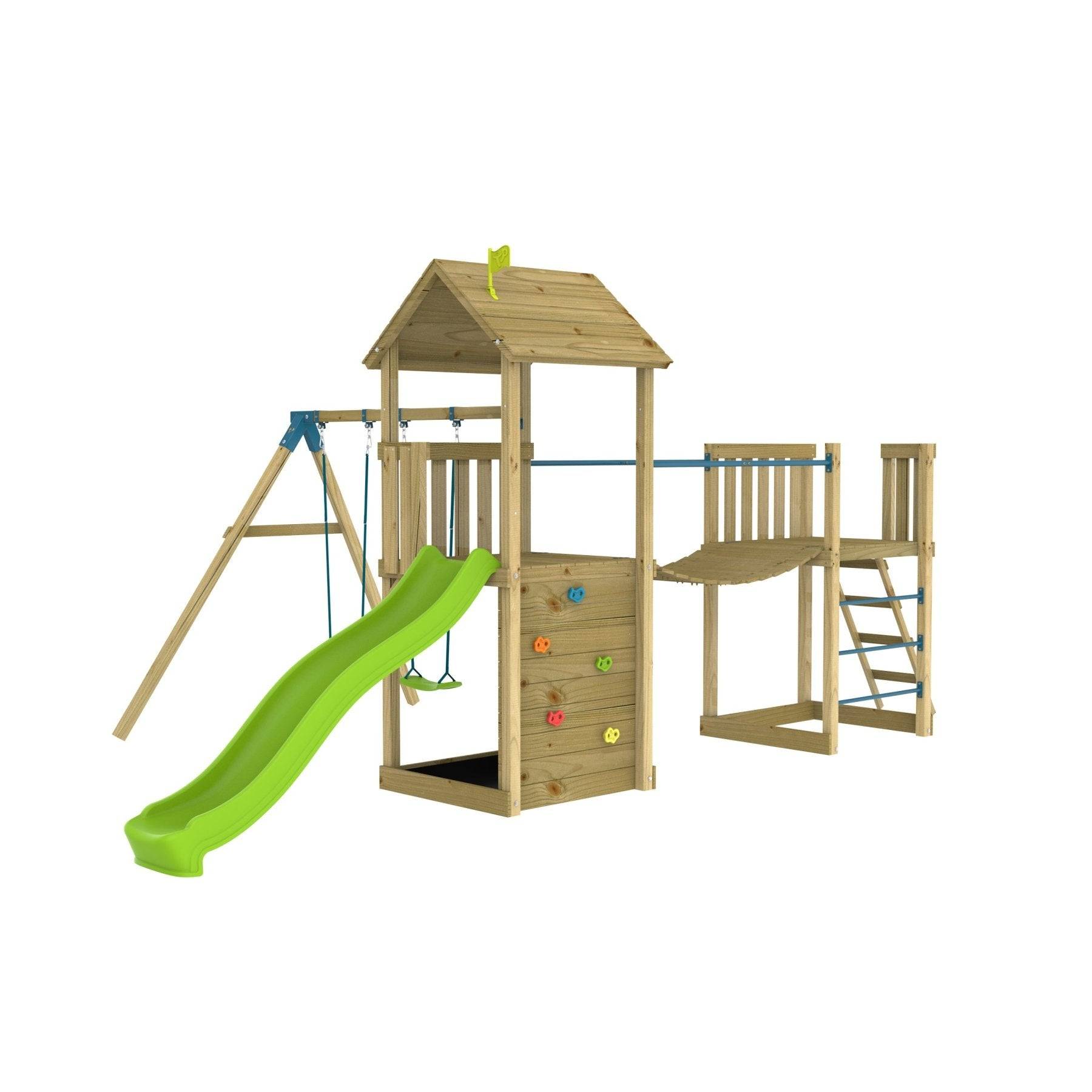 Tp Toys - AIre de jeux 2 balançoires, toboggan et pont suspendu - bois FSC® - H270 cm - BRUYÈRE SKYWOOD - Imagen 2