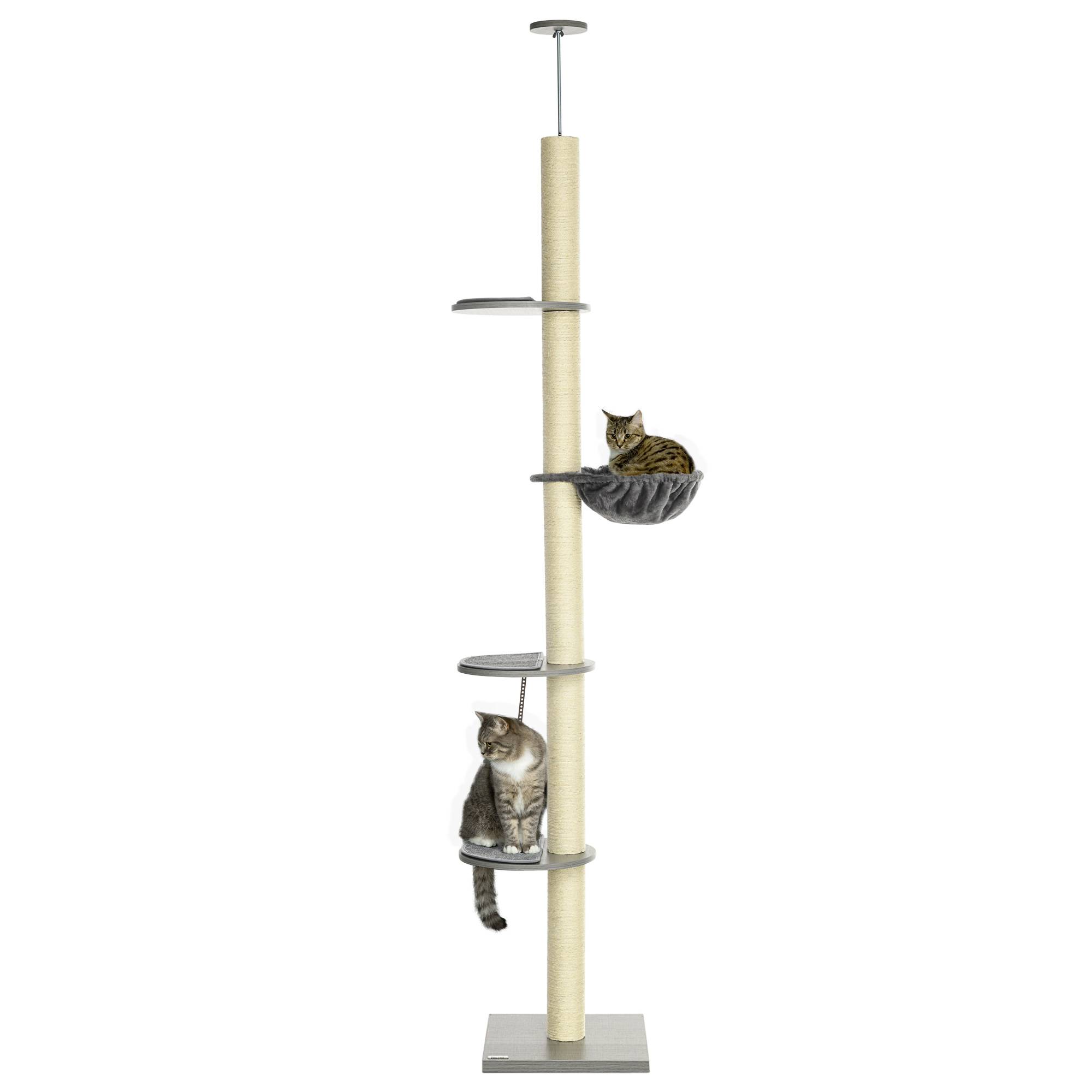 Arbre à chat sol-plafond réglable, poteaux à griffer, perches et hamac gris crème pour amateurs de chats - Image 1