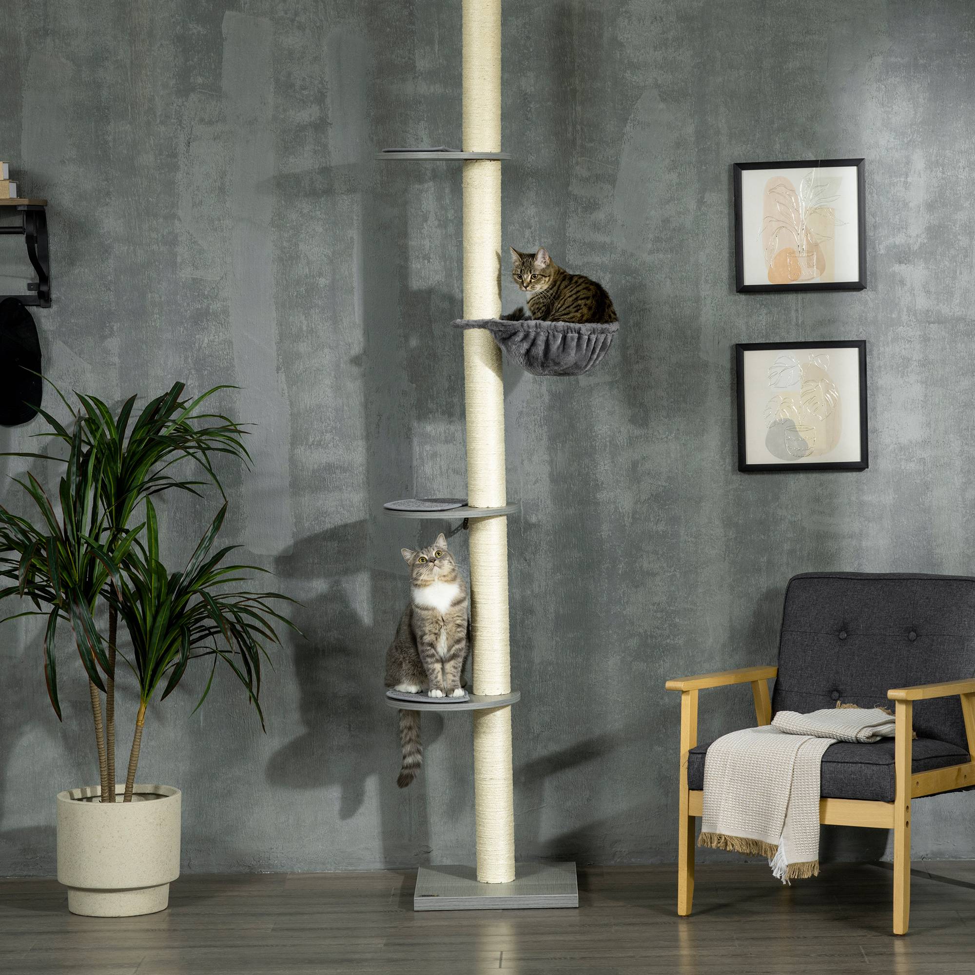 Arbre à chat sol-plafond réglable, poteaux à griffer, perches et hamac gris crème pour amateurs de chats - Image 7