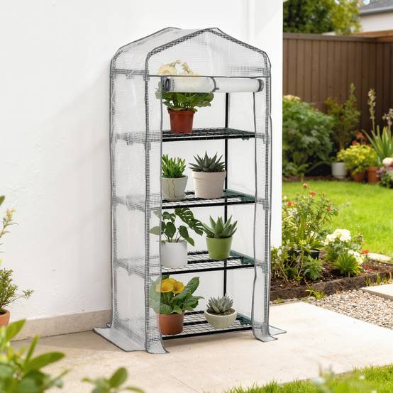 Mini serre de balcon étagères métal bâche PE pour semis de plantes 70x50x160cm blanc - ComfortXL Outdoor Living - Image 9