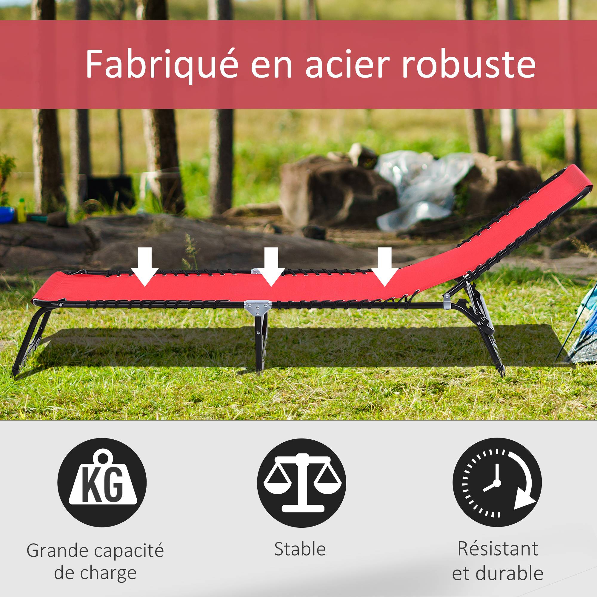 Outsunny - Bain de soleil transat pliable dossier inclinable multi-positions acier thermoplastique lacets élastiques noir textilène rouge - Outsunny - Imagen 4