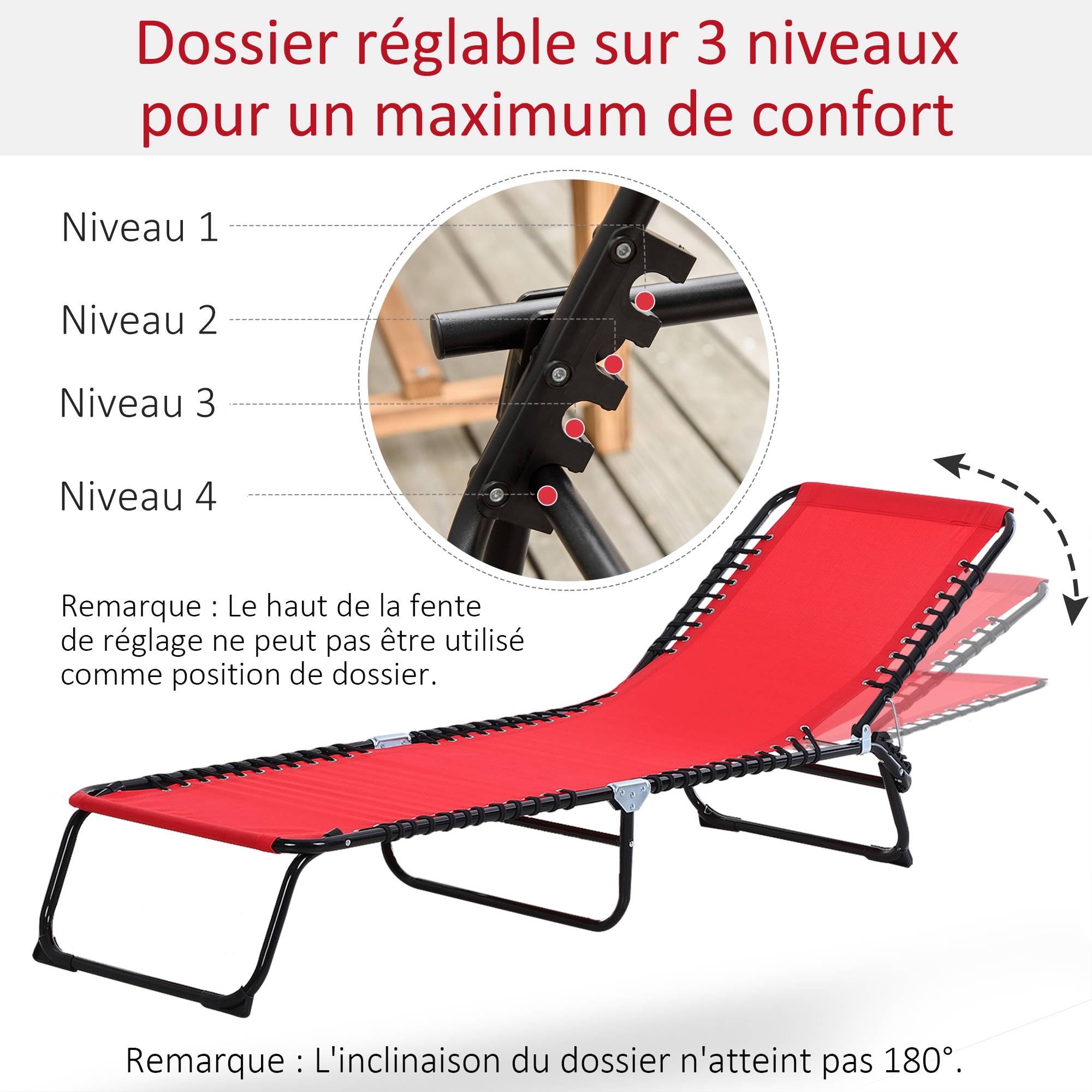 Outsunny - Bain de soleil transat pliable dossier inclinable multi-positions acier thermoplastique lacets élastiques noir textilène rouge - Outsunny - Imagen 5