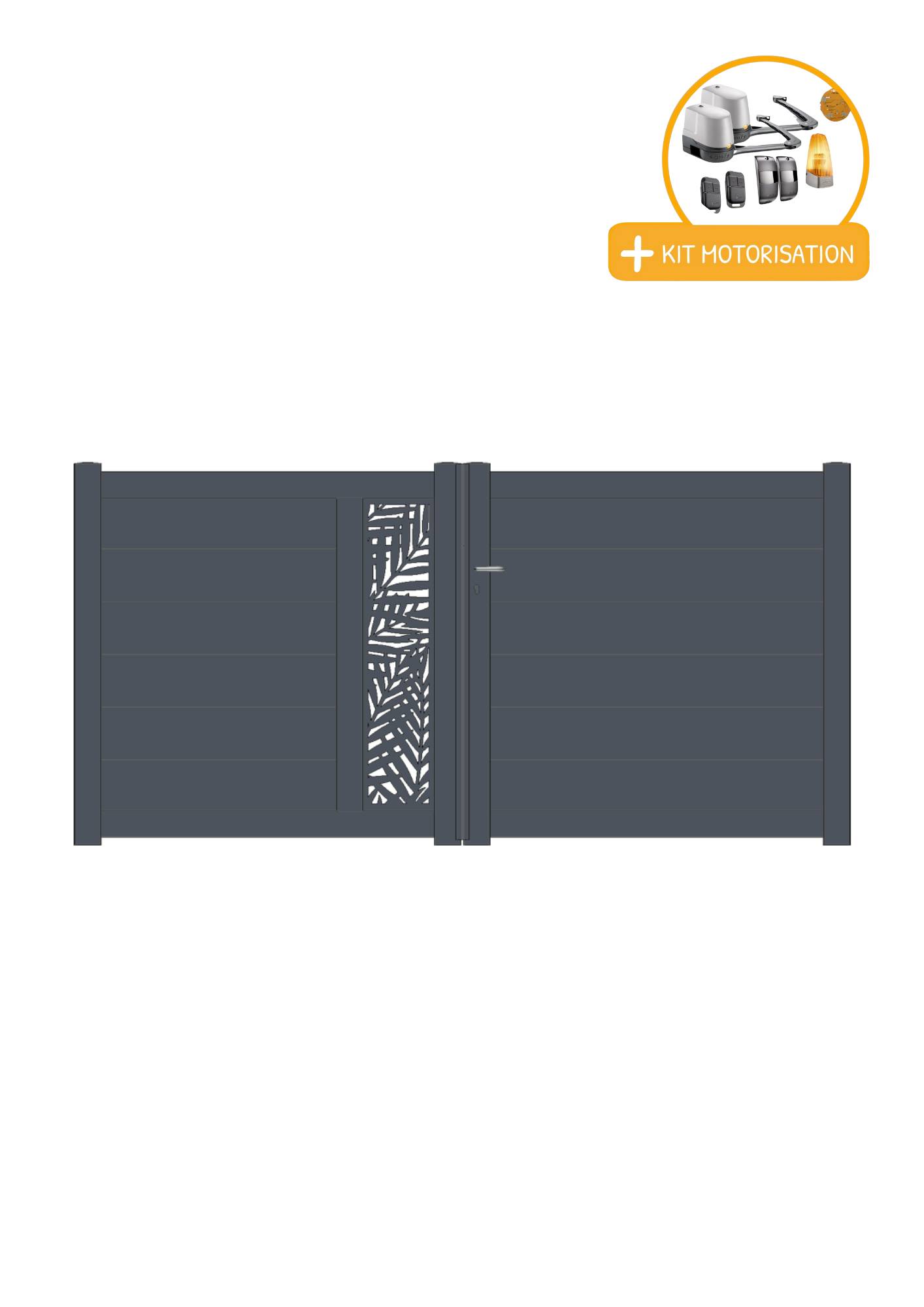 Portail Packit - Portail alu battant découpe laser en kit +MOT dim. L.4000 (entre piliers) X H.1500 mmMOT LOCKYVIA (à bras)  Gris (RAL 7016)