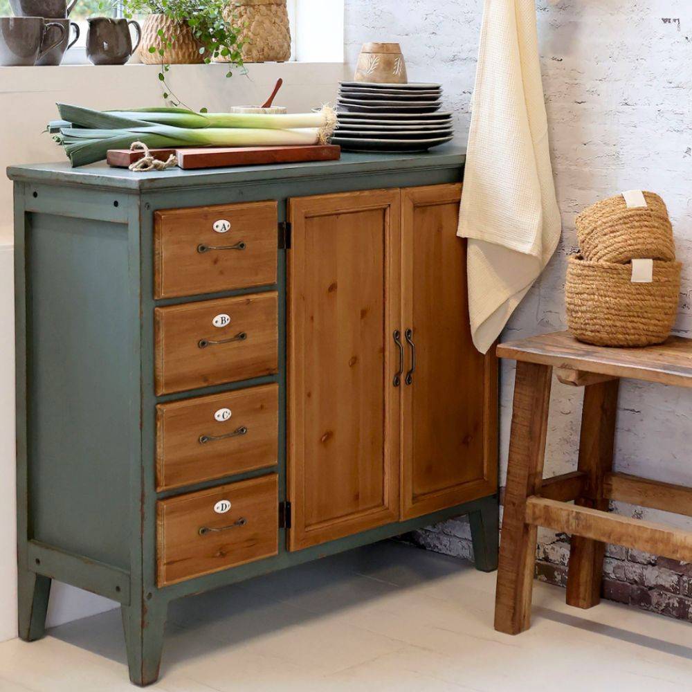 Chemin De Campagne - Meuble buffet en bois de sapin bleu opale et marron 90 x 37 x 80.5 cm Chemin de campagne - Imagen 2