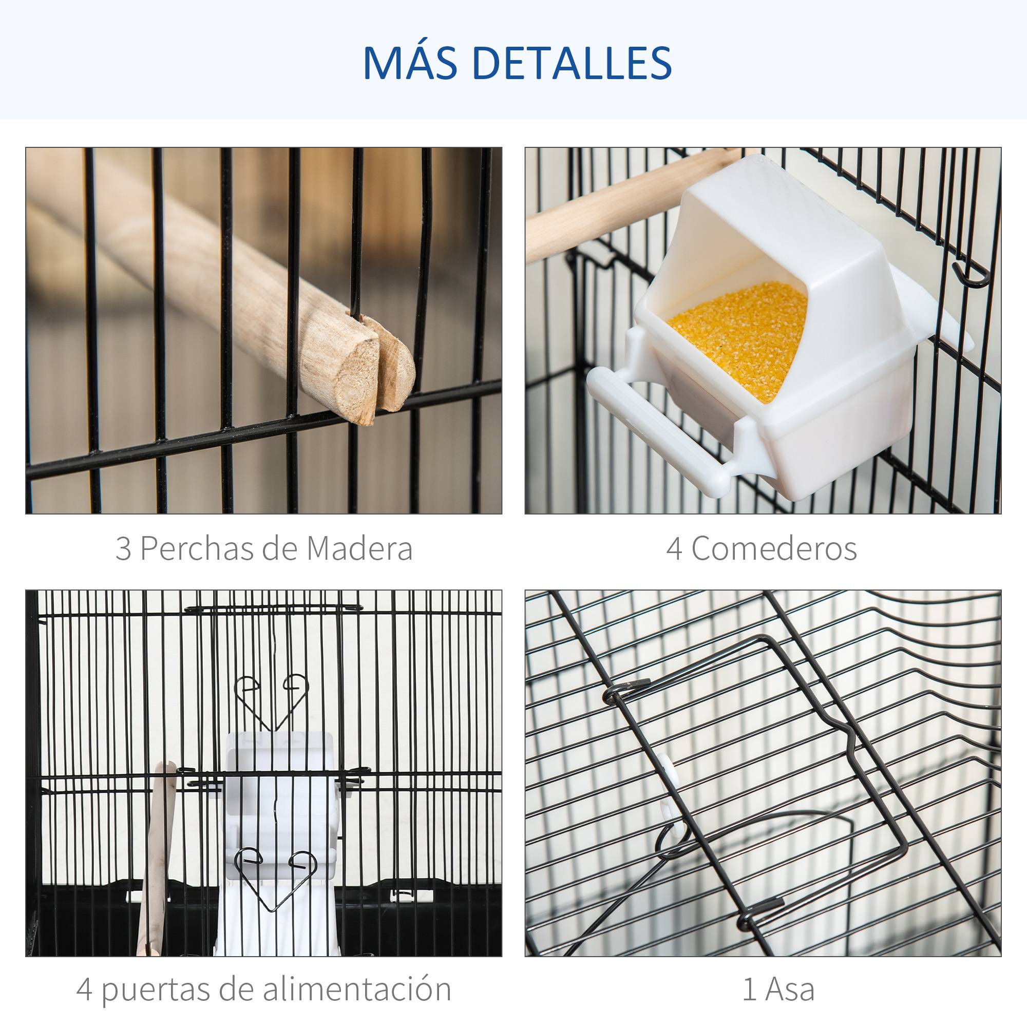 Cage à oiseaux métal 4 mangeoires 3 perchoirs balançoire plateau, 46,5x35,5x92cm, noir - Image 6