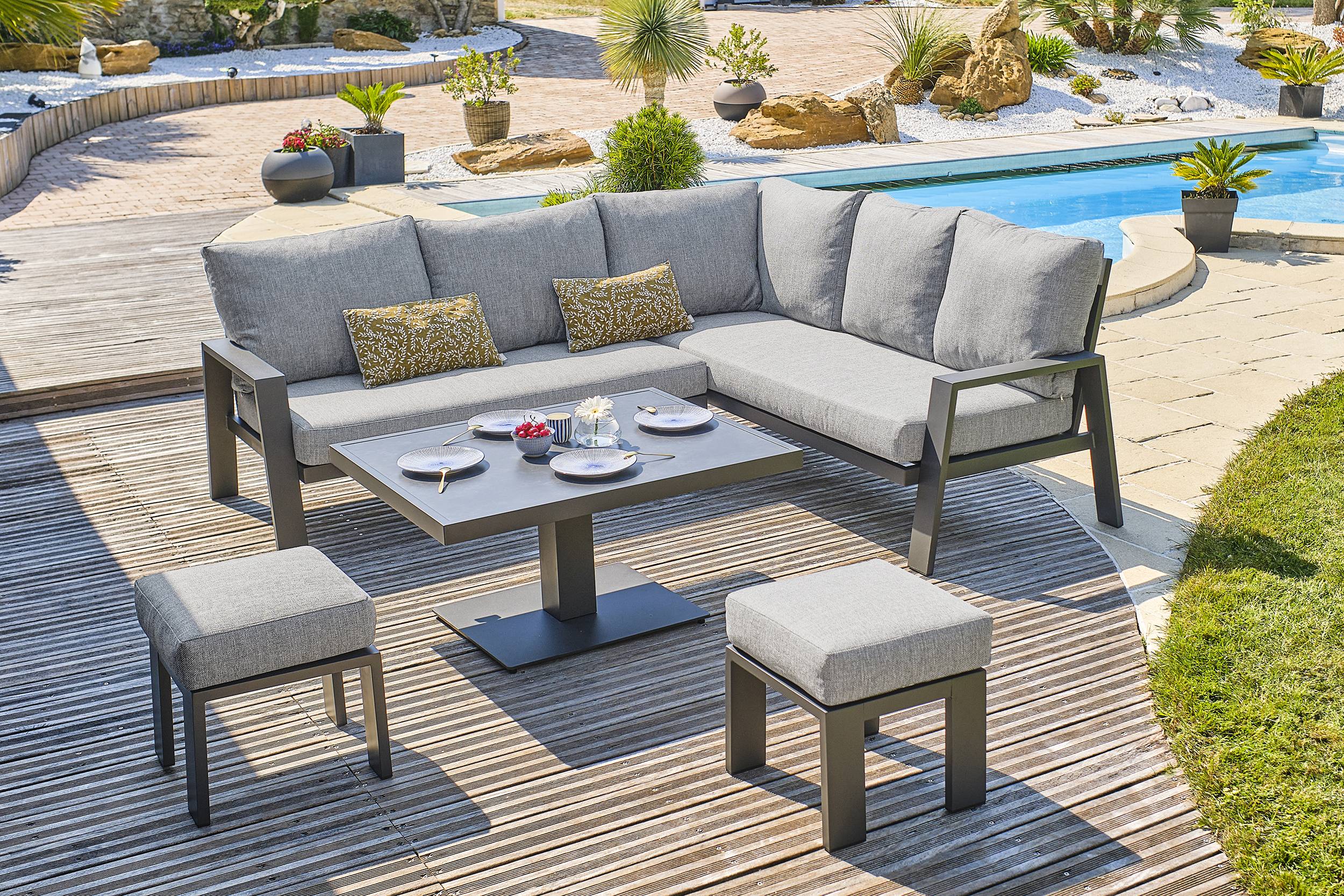 Ensemble repas de jardin 7 pl alu plateau céramique sur verre - Gris anthracite - IBIZA - Image 1