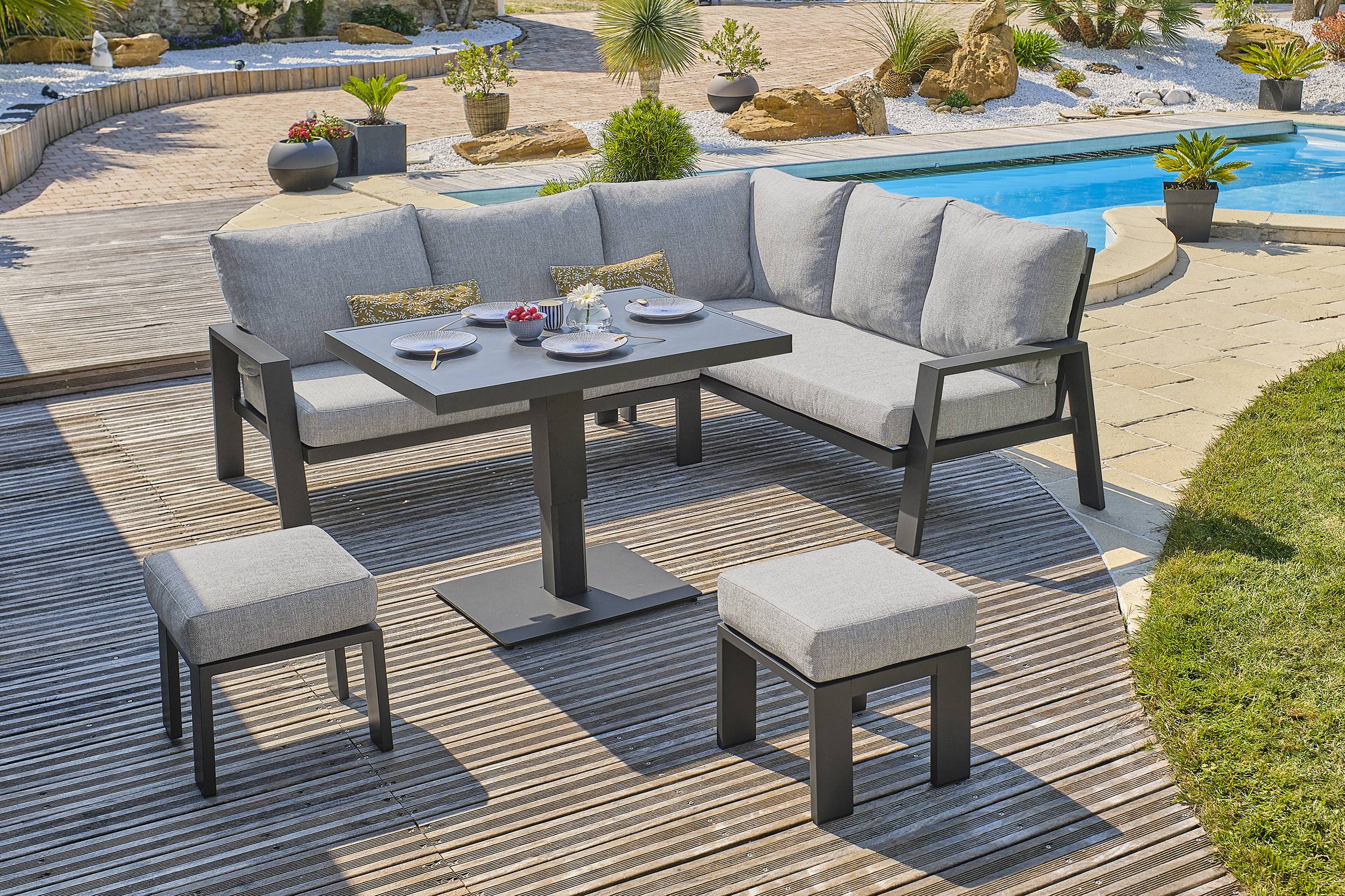 Ensemble repas de jardin 7 pl alu plateau céramique sur verre - Gris anthracite - IBIZA - Image 2