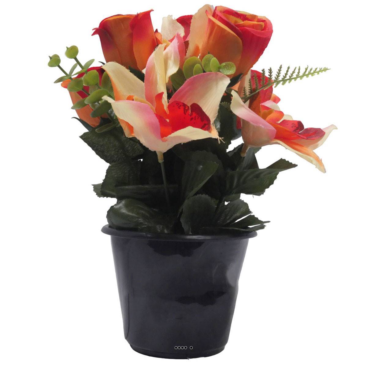 Artificielles - Pot de Rose, Lys et Orchidée artificiels pour la Toussaint Orange - couleur: Orange - Imagen 1