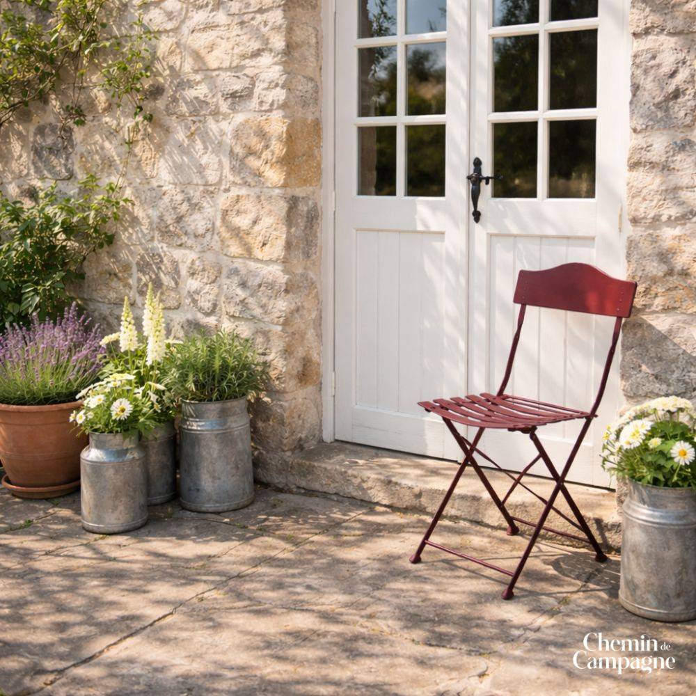 Chaise pliante jardin extérieur ancien métal bordeaux 85cm Chemin de campagne - Imagen 2