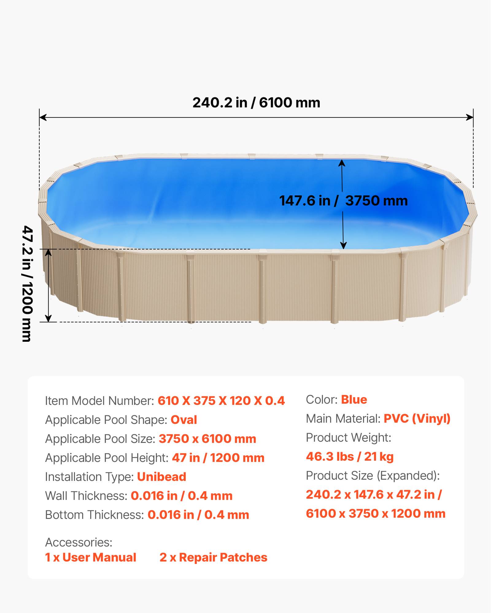 Vevor - VEVOR Liner Piscine Hors-Sol Film Intérieur de Piscine Ovale 375x610x120 cm Bleu - Image 7