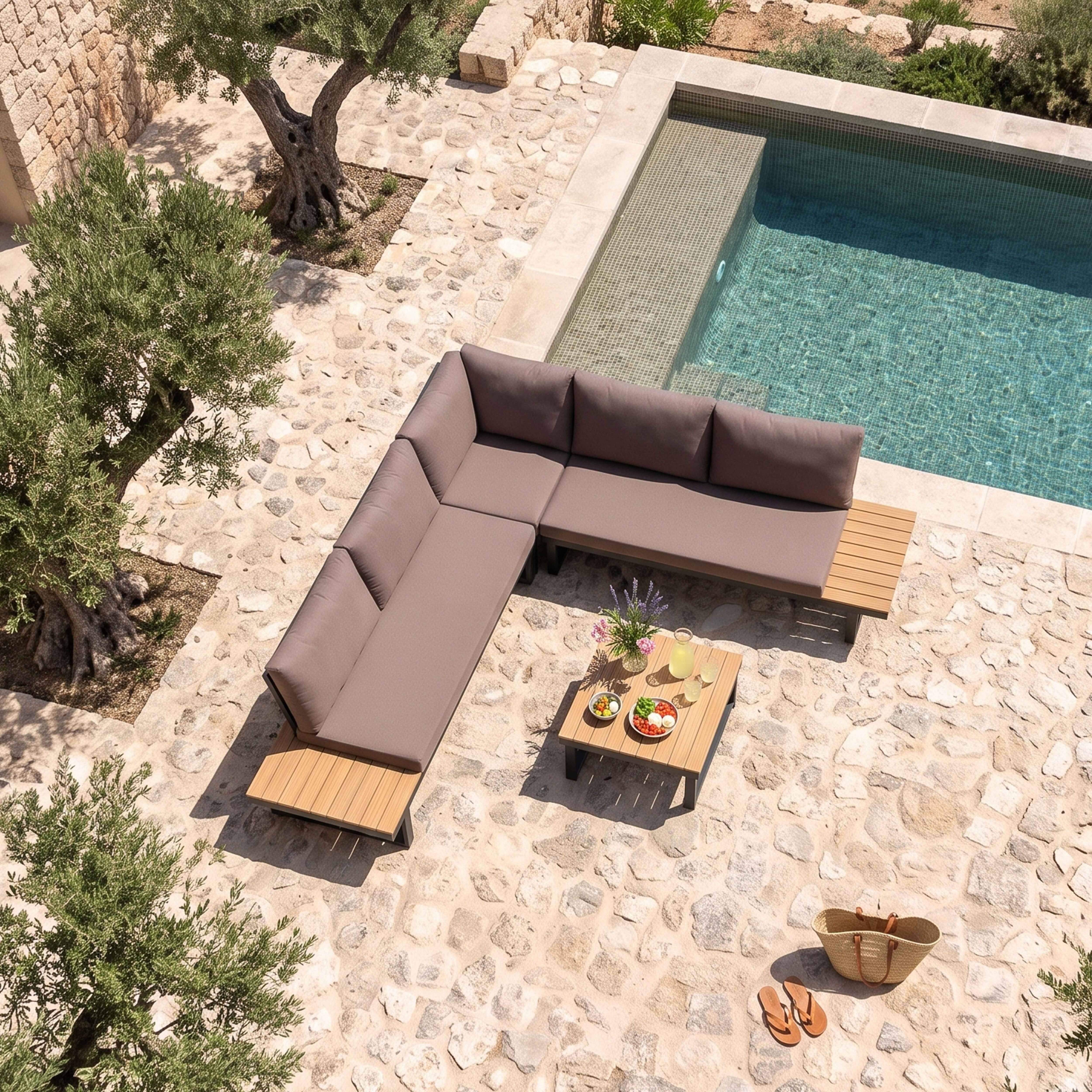 Oviala - Salon de  jardin bas 6 places en aluminium et bois taupe Topa - Oviala - Imagen 3