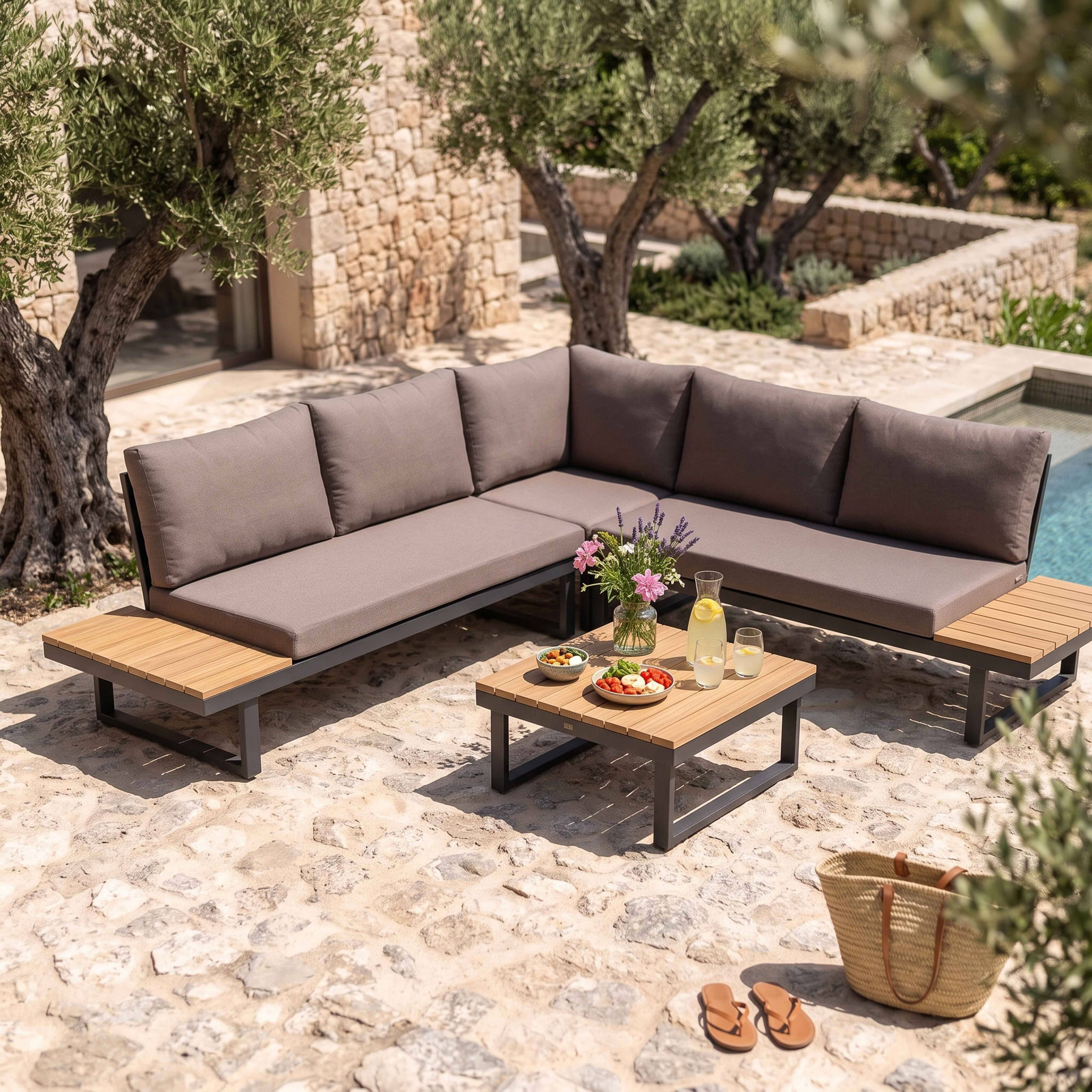 Oviala - Salon de  jardin bas 6 places en aluminium et bois taupe Topa - Oviala - Imagen 2