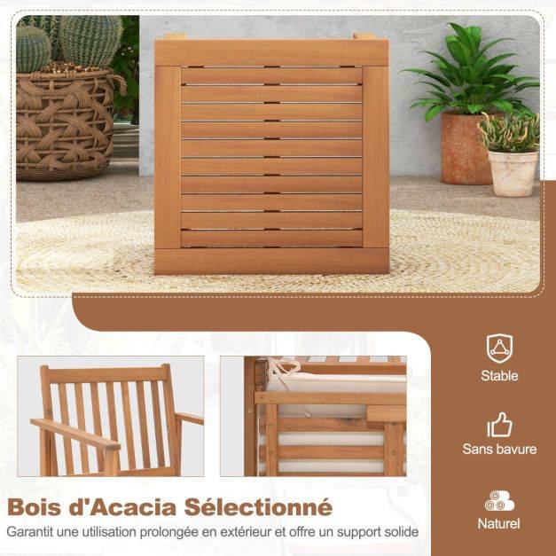 3pcs salon de jardin en bois d'acacia conception à lattes coussins doux ensemble de table et 2 chaises salon terrasse naturel - Image 4