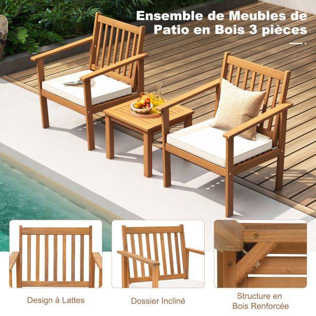 3pcs salon de jardin en bois d'acacia conception à lattes coussins doux ensemble de table et 2 chaises salon terrasse naturel - Image 3