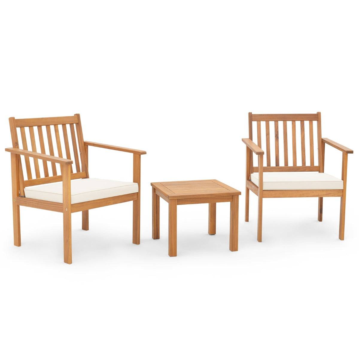 3pcs salon de jardin en bois d'acacia conception à lattes coussins doux ensemble de table et 2 chaises salon terrasse naturel - Image 1