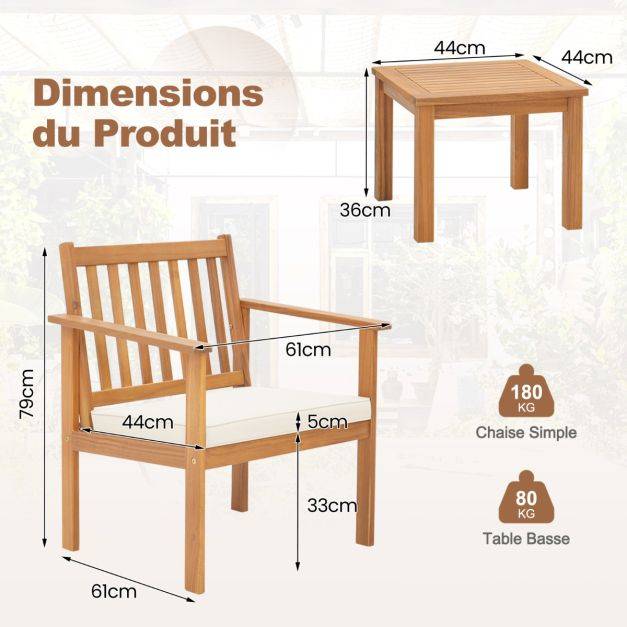 3pcs salon de jardin en bois d'acacia conception à lattes coussins doux ensemble de table et 2 chaises salon terrasse naturel - Image 5