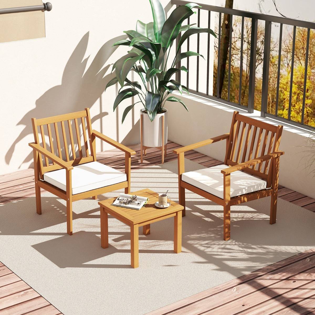 3pcs salon de jardin en bois d'acacia conception à lattes coussins doux ensemble de table et 2 chaises salon terrasse naturel - Image 2
