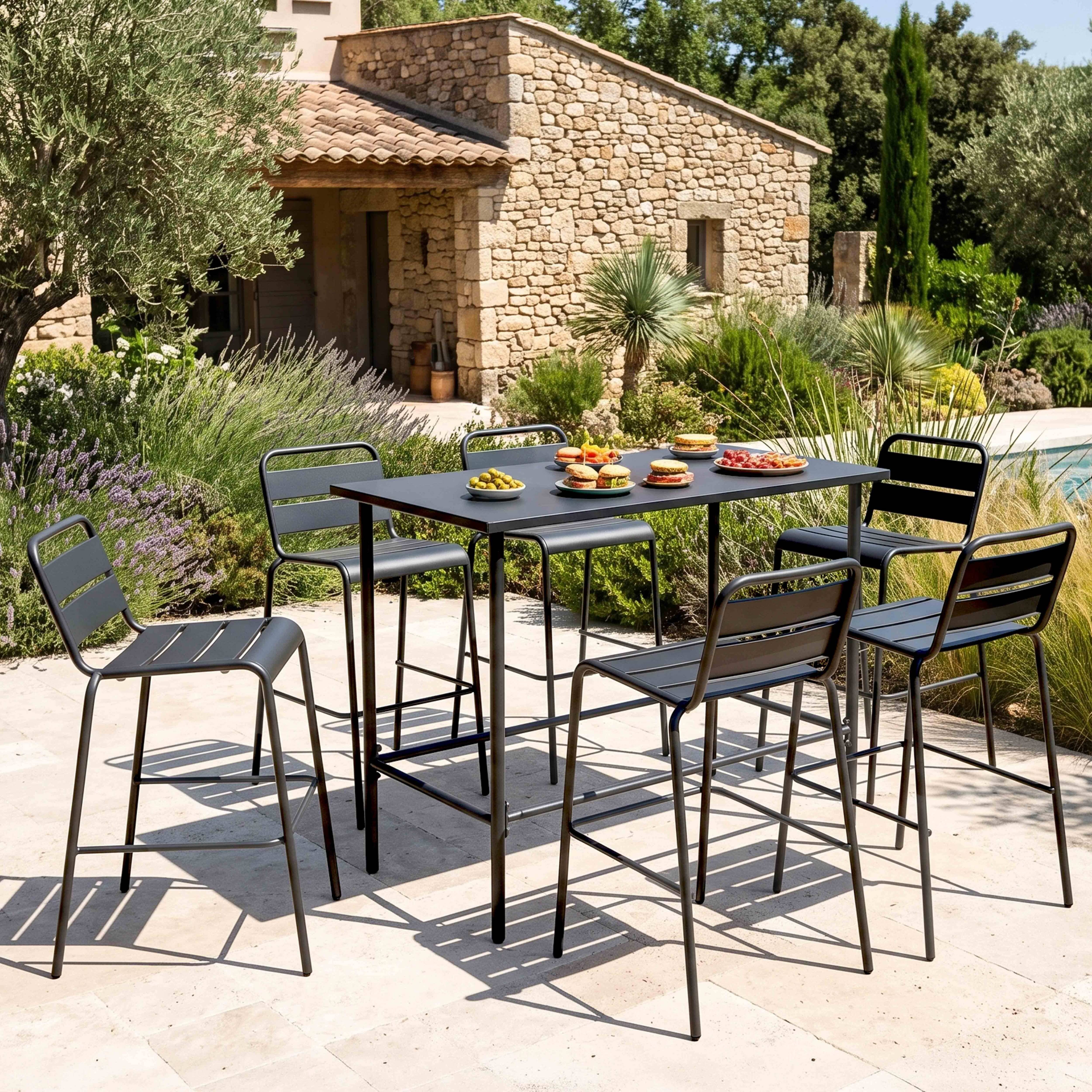 Oviala - Ensemble table haute de jardin et 6 chaises en métal gris Palavas - Oviala - Imagen 2