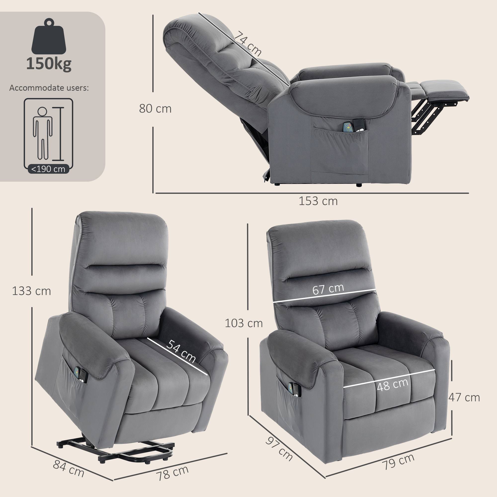 Fauteuil releveur électrique massage vibration et chaleur, fauteuil relax électrique en velours, gris foncé - Image 5