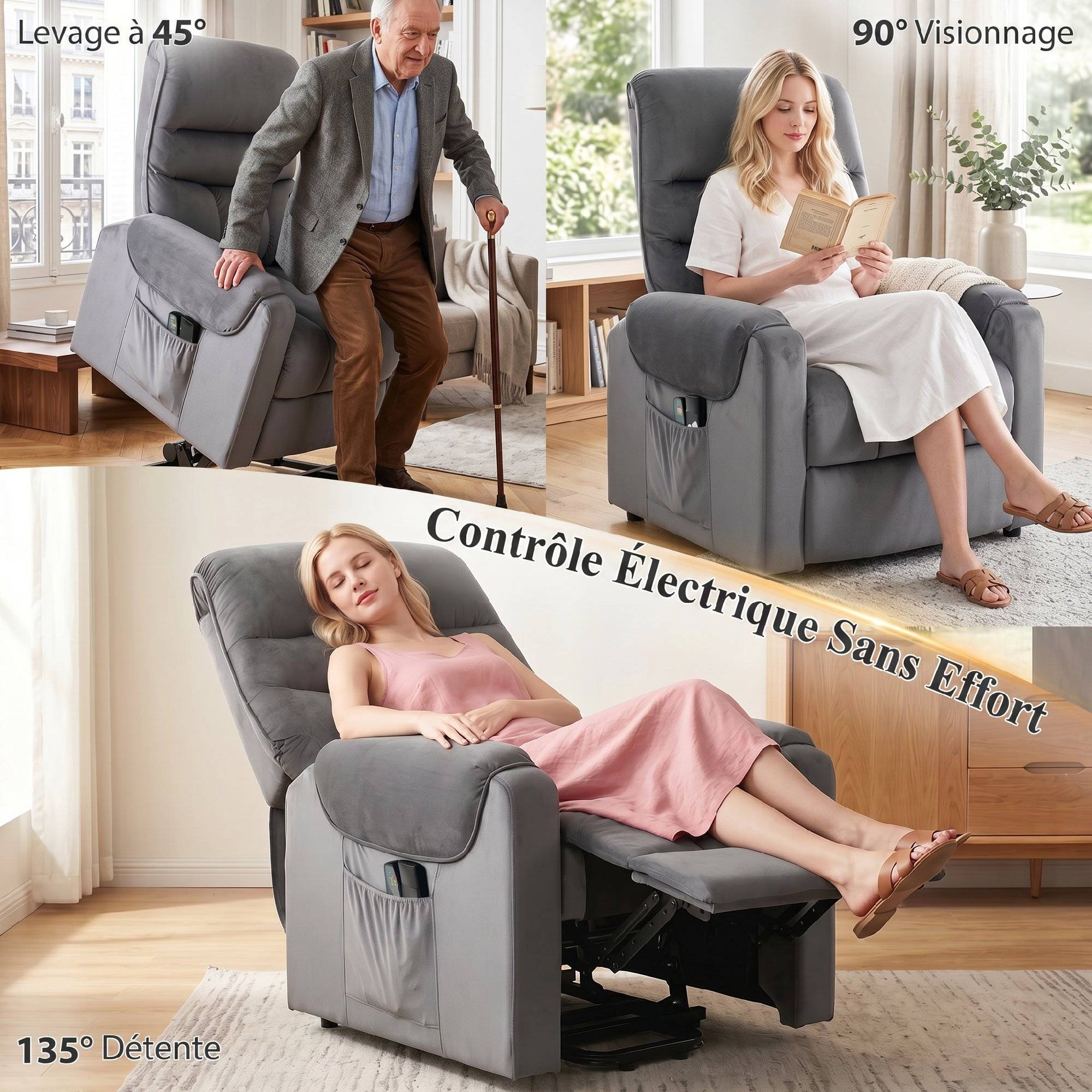 Fauteuil releveur électrique massage vibration et chaleur, fauteuil relax électrique en velours, gris foncé - Image 6