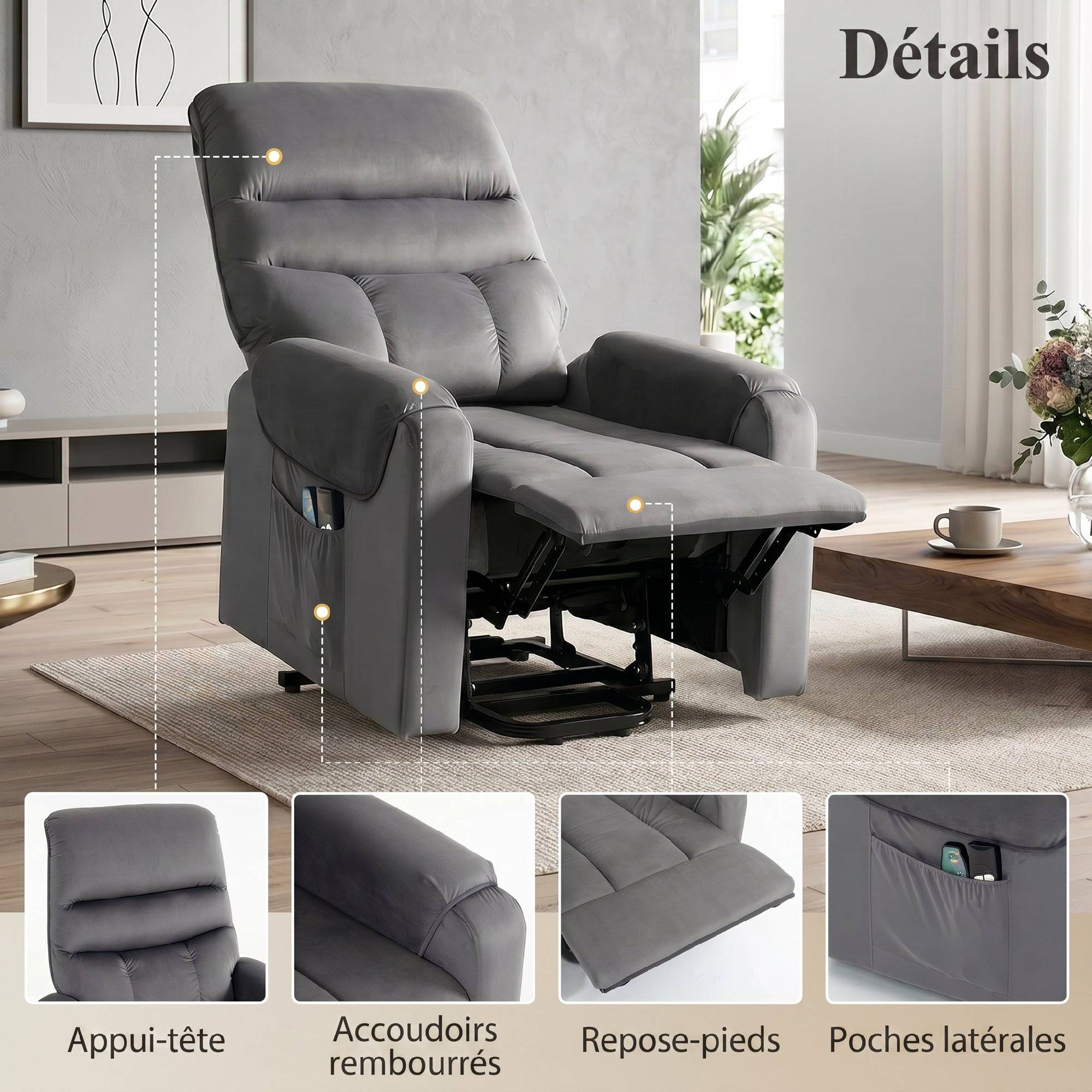 Fauteuil releveur électrique massage vibration et chaleur, fauteuil relax électrique en velours, gris foncé - Image 9