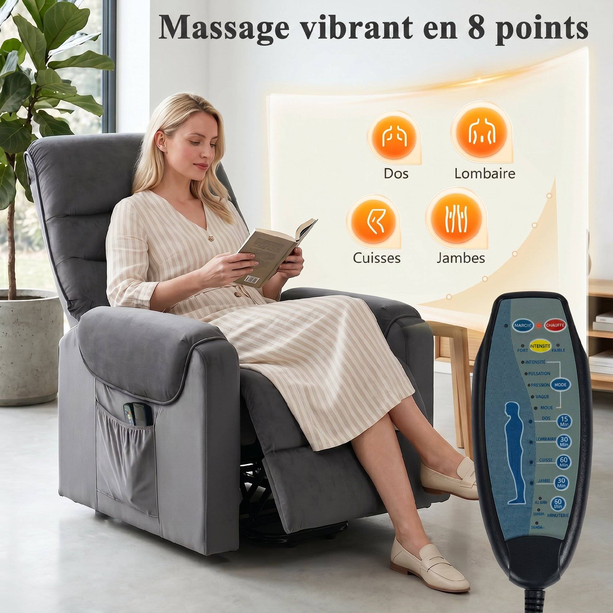 Fauteuil releveur électrique massage vibration et chaleur, fauteuil relax électrique en velours, gris foncé - Image 7