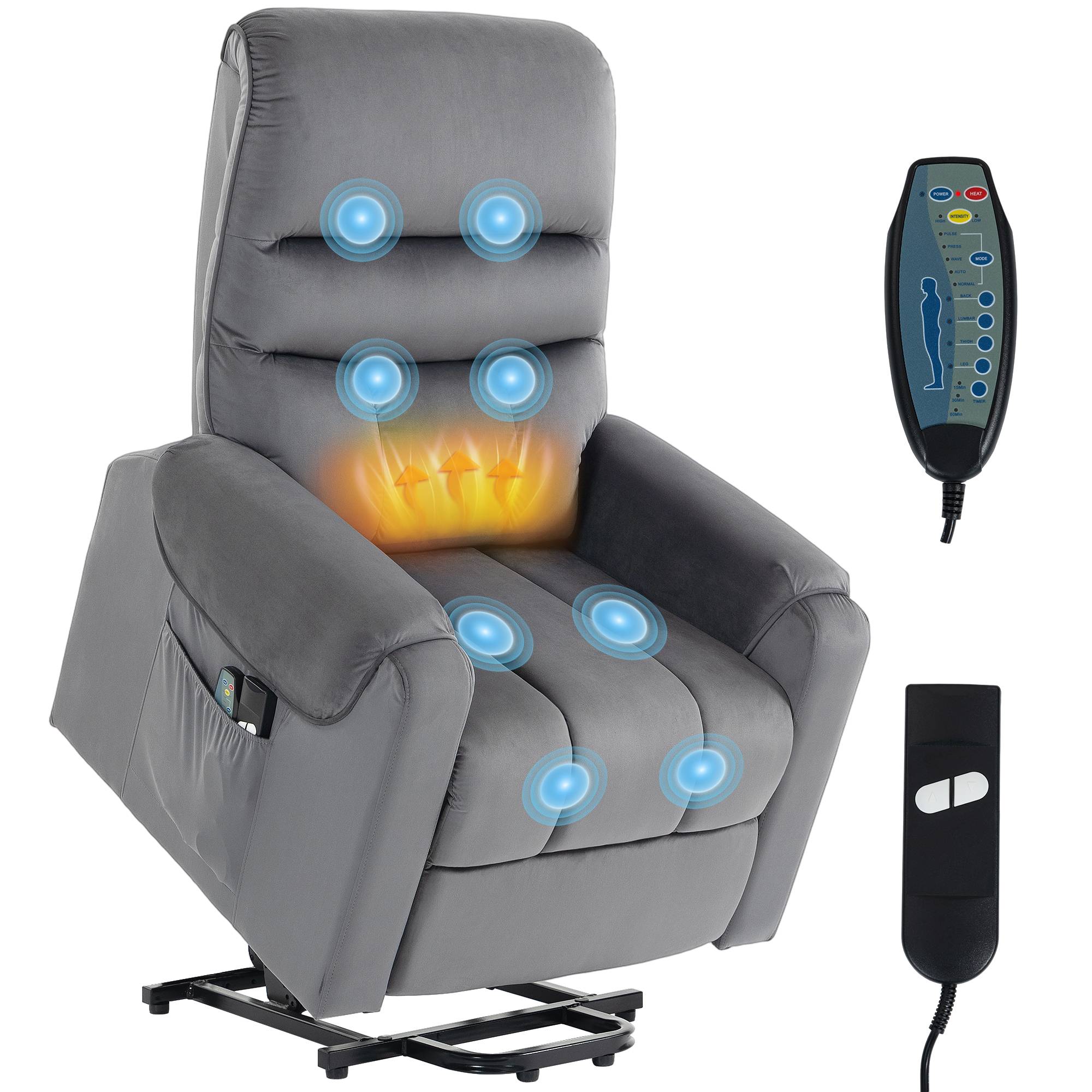 Fauteuil releveur électrique massage vibration et chaleur, fauteuil relax électrique en velours, gris foncé - Image 1