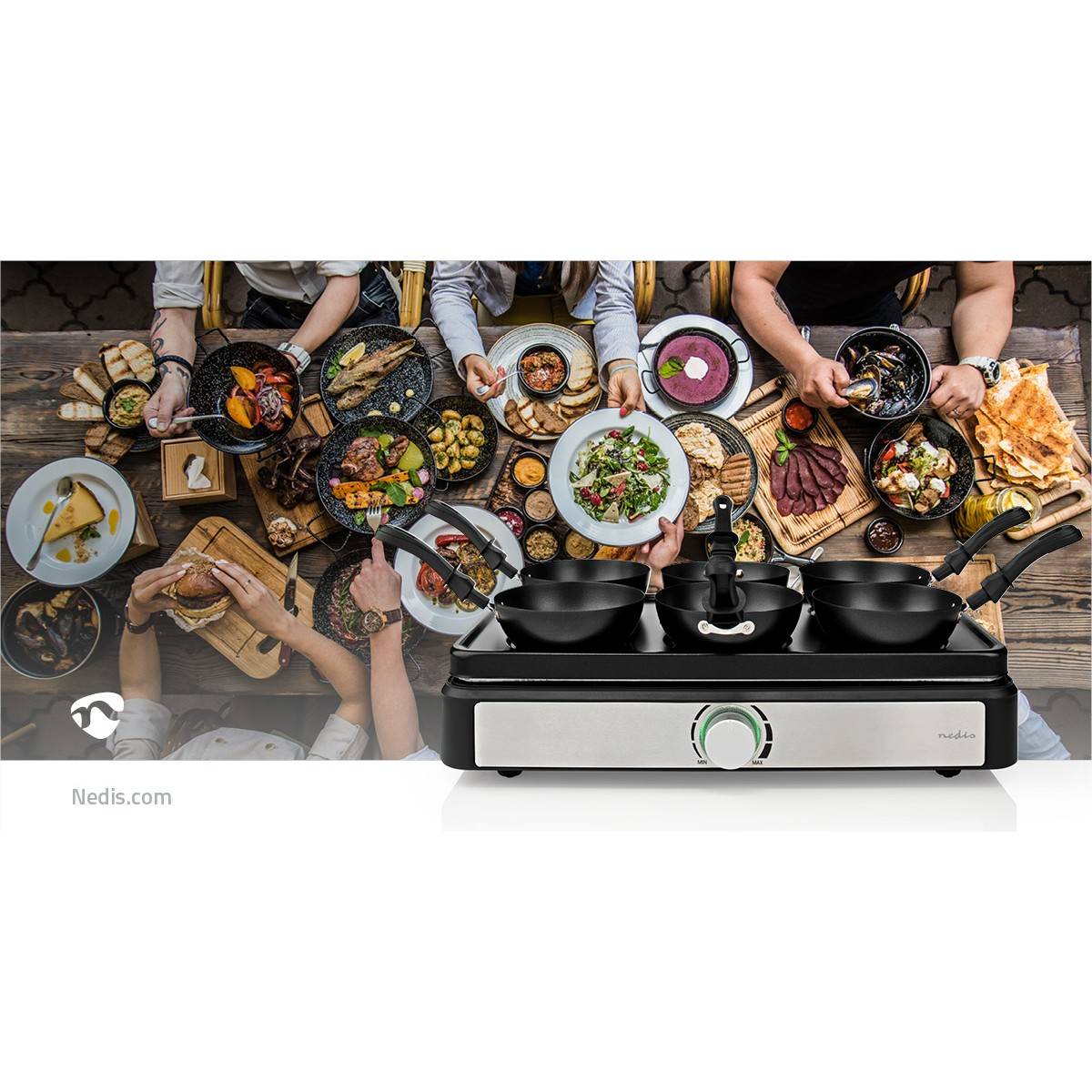 Wok Party Crepière SET pour 6 personnes 600W Revetement anti-adhésif Poêle à wok NEDIS - Imagen 7